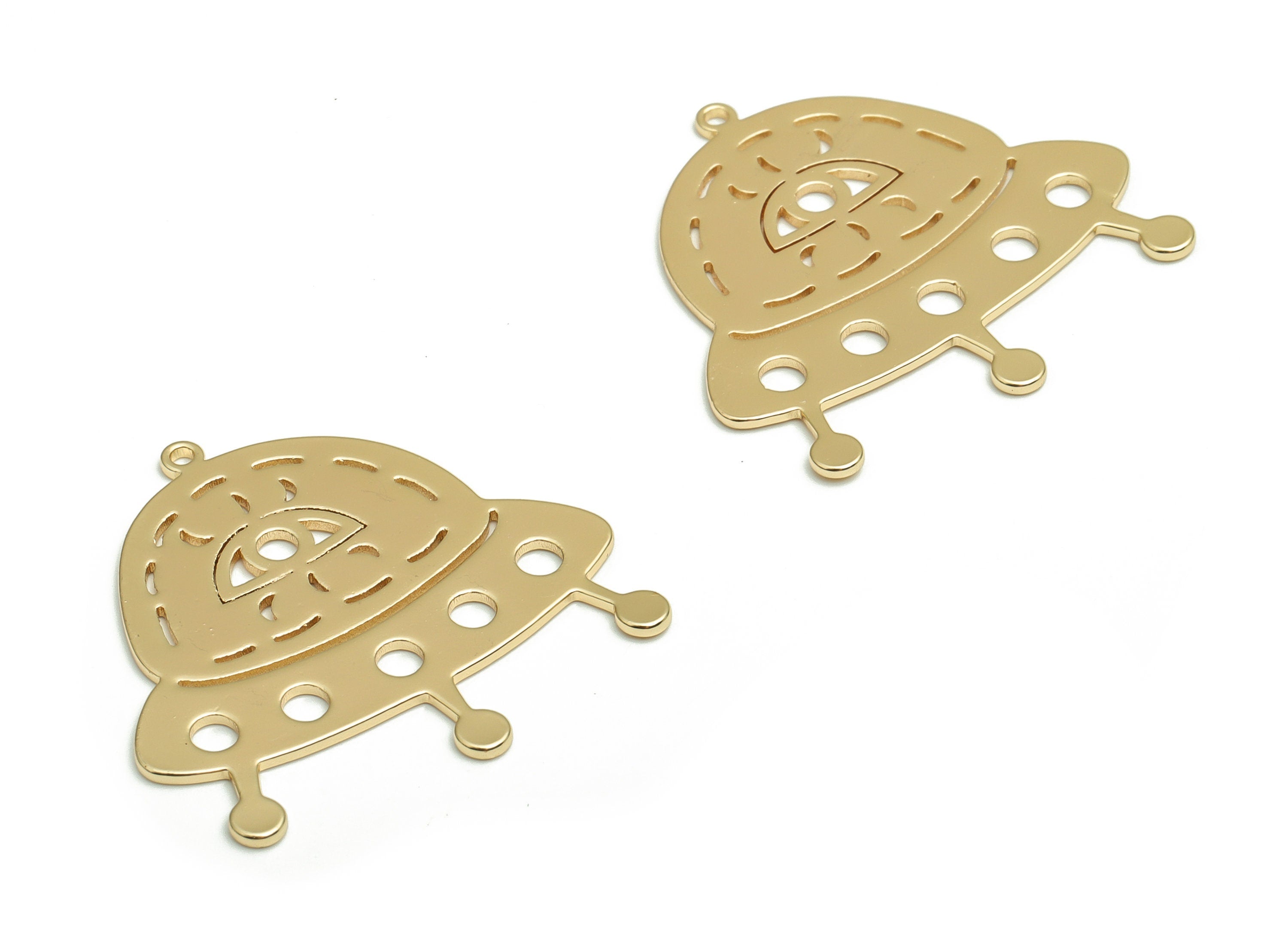 Brass UFO Earring Charms - Gold Eye Pendant - 18K Real Gold Plated Brass - Jewelry Making Supplies - 30.28x29.22x0.97mm- RGP4074 - DOMEDBAZAAR