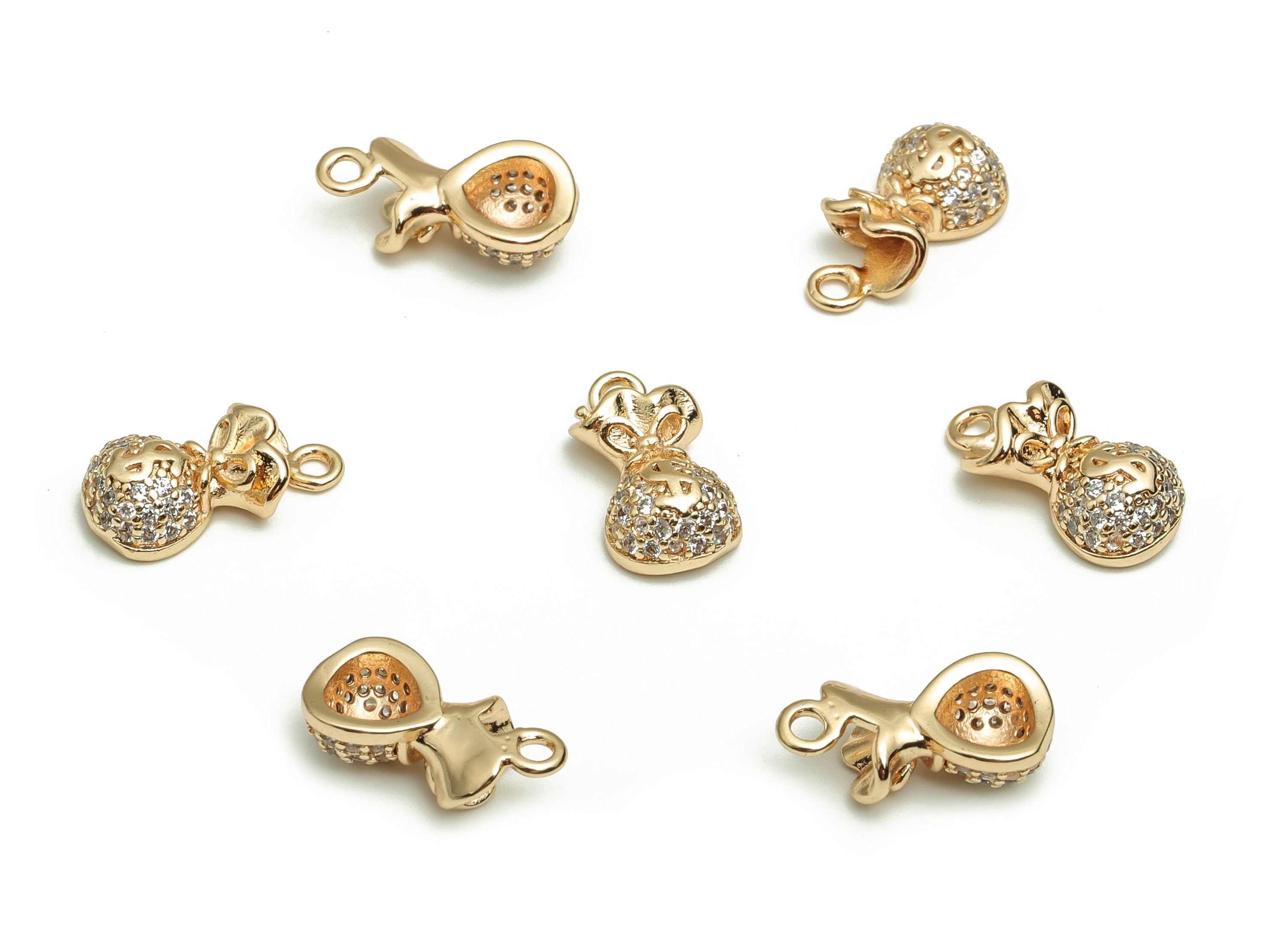 Brass Purse Earring Charms With Zircons - Gold Purse Pendant - 18K Real Gold Plated Brass - Jewelry Supplies - 13.43x6.8x3.87mm- RGP4084 - DOMEDBAZAAR