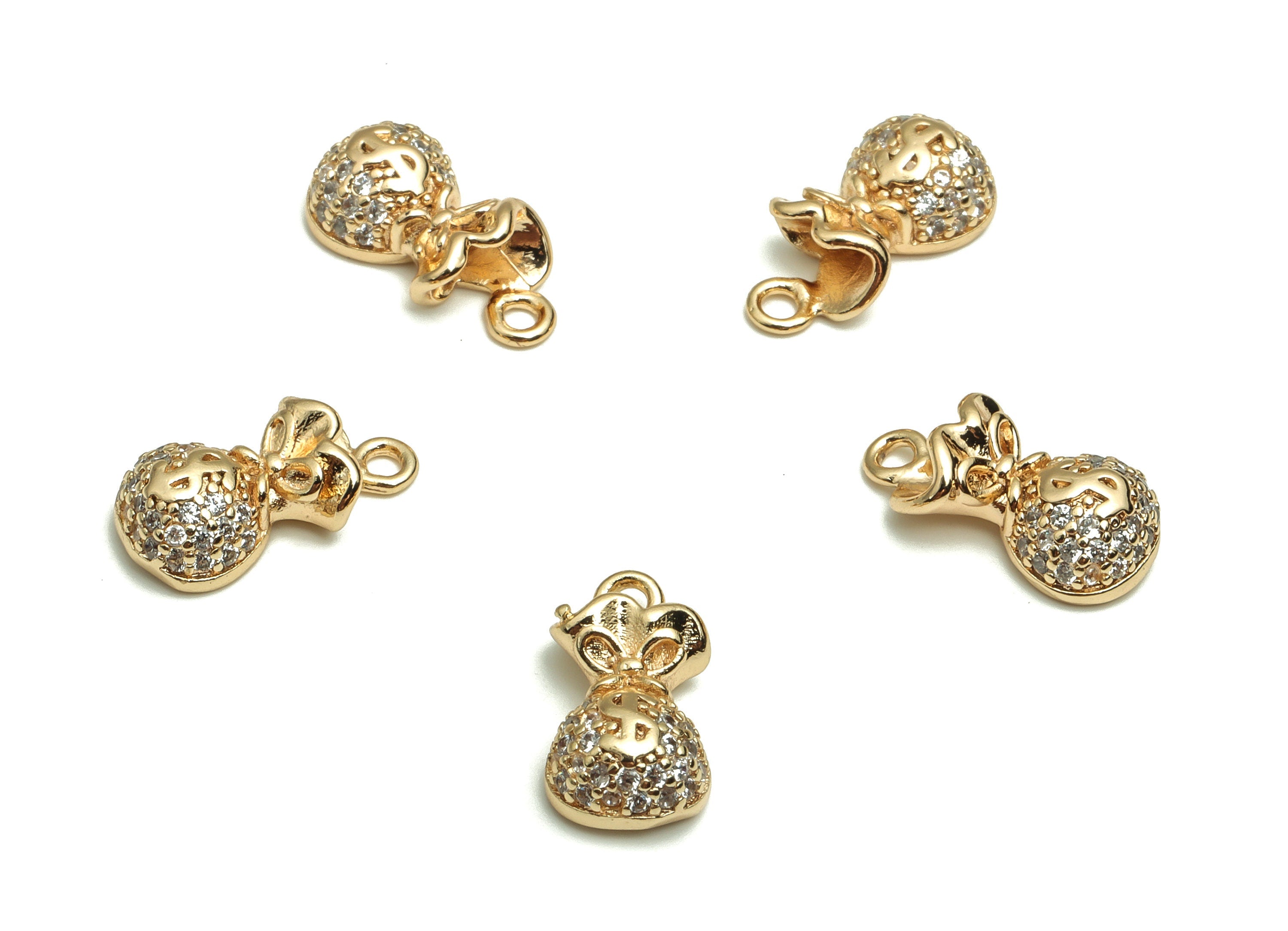 Brass Purse Earring Charms With Zircons - Gold Purse Pendant - 18K Real Gold Plated Brass - Jewelry Supplies - 13.43x6.8x3.87mm- RGP4084 - DOMEDBAZAAR
