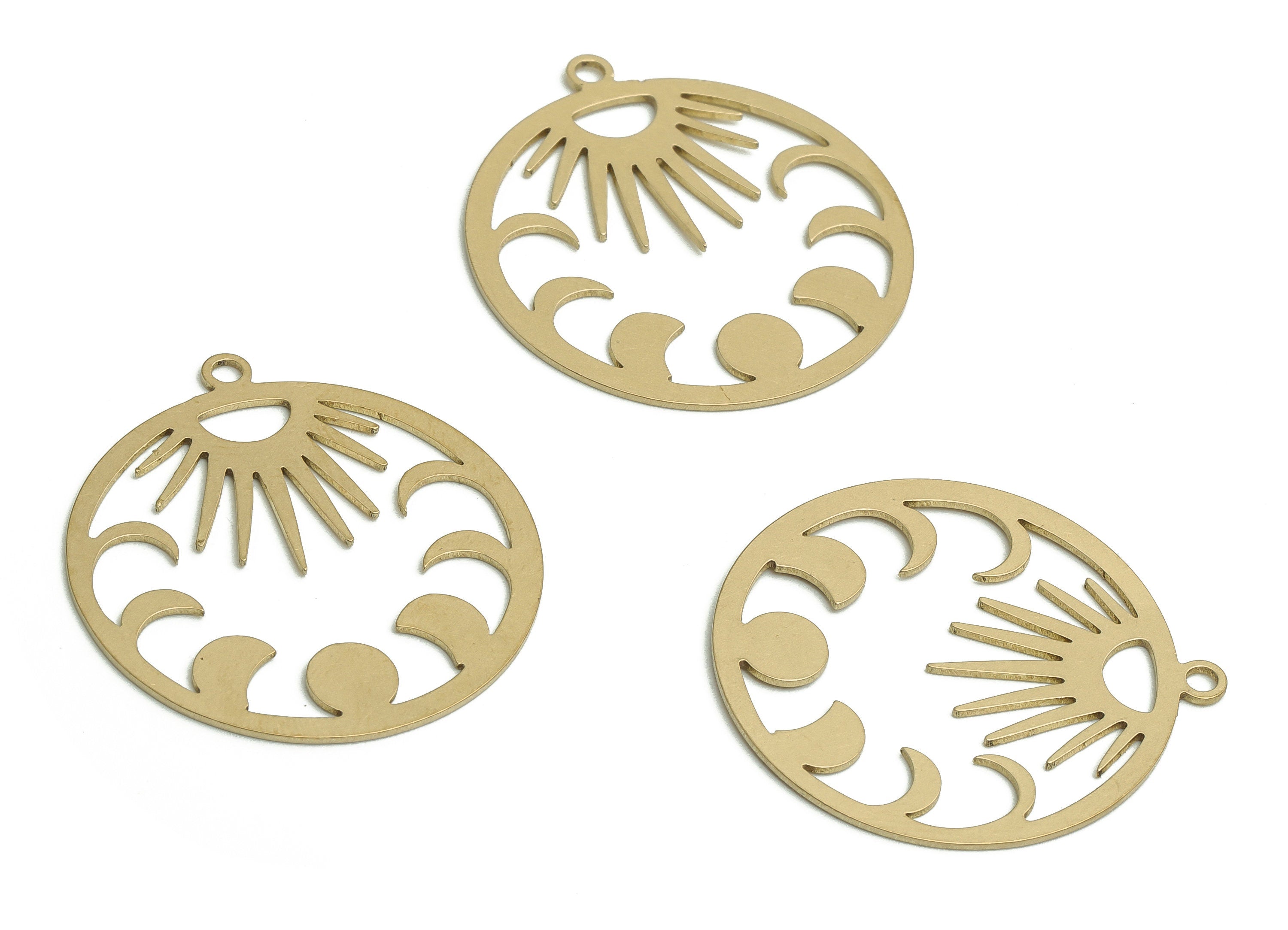 Brass Round Earring Charms - Raw Brass Moon Sun Pendant – Moon Phases - Jewelry Making Supplies - 29.9x27.19x0.64mm - PP4775 - DOMEDBAZAAR