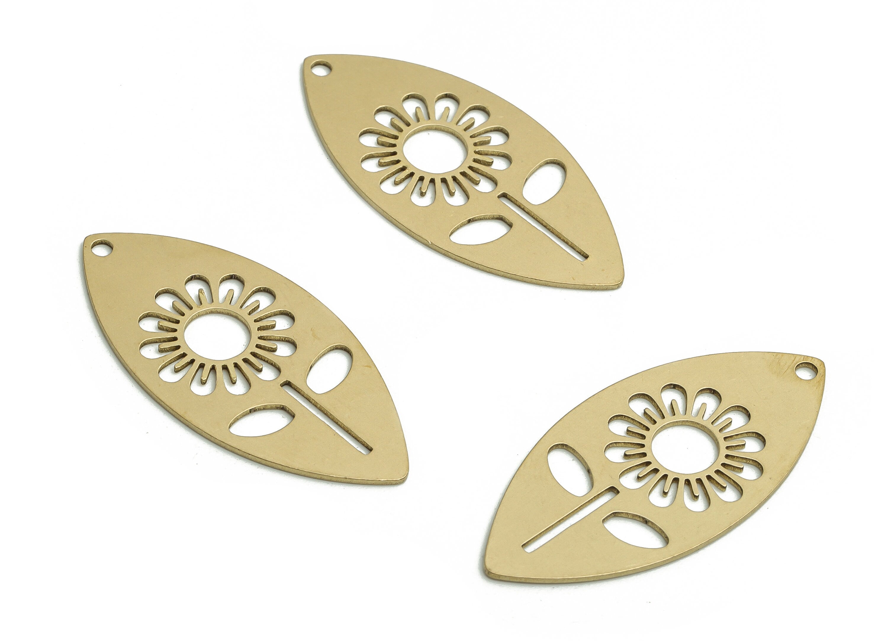 Raw Brass Oval Sunflower Pendant – Brass Oval Flower Earring Charm - Jewelry Making Supplies - 31.01x14.54x0.58mm - PP4754 - DOMEDBAZAAR