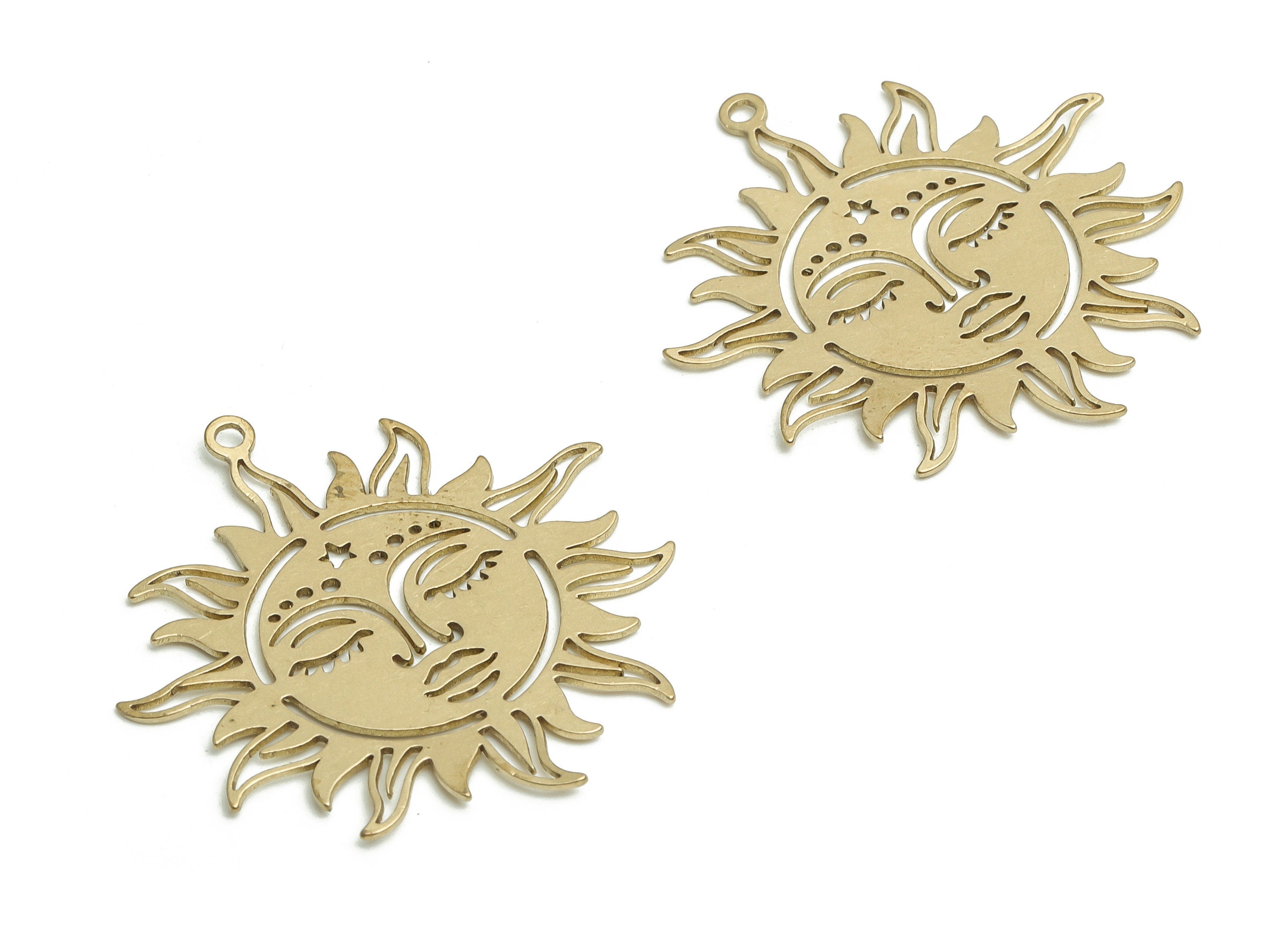 Brass Sun Face Earring Charms - Raw Brass Face Pendant - DIY Jewelry Making Supplies - 35.34x33.56x0.63mm- PP4743 - DOMEDBAZAAR