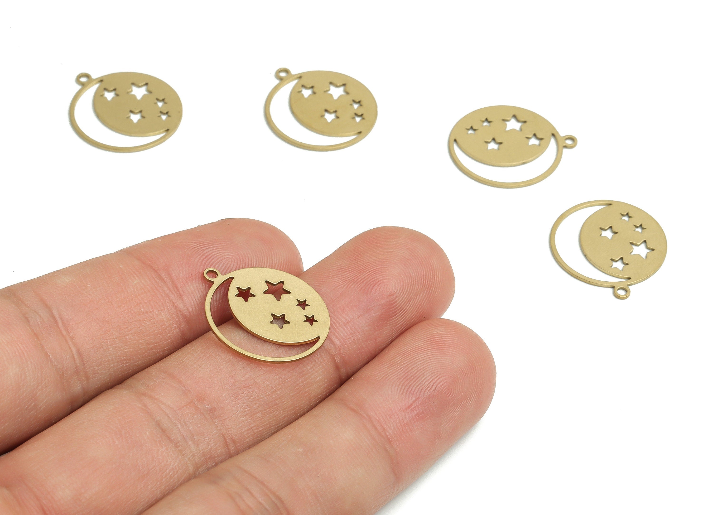 Brass Round Crescent Earring Charms - Raw Brass Star Circle Pendant - DIY Jewelry Making Supplies - 19.81x17.38x0.65mm - PP4769 - DOMEDBAZAAR