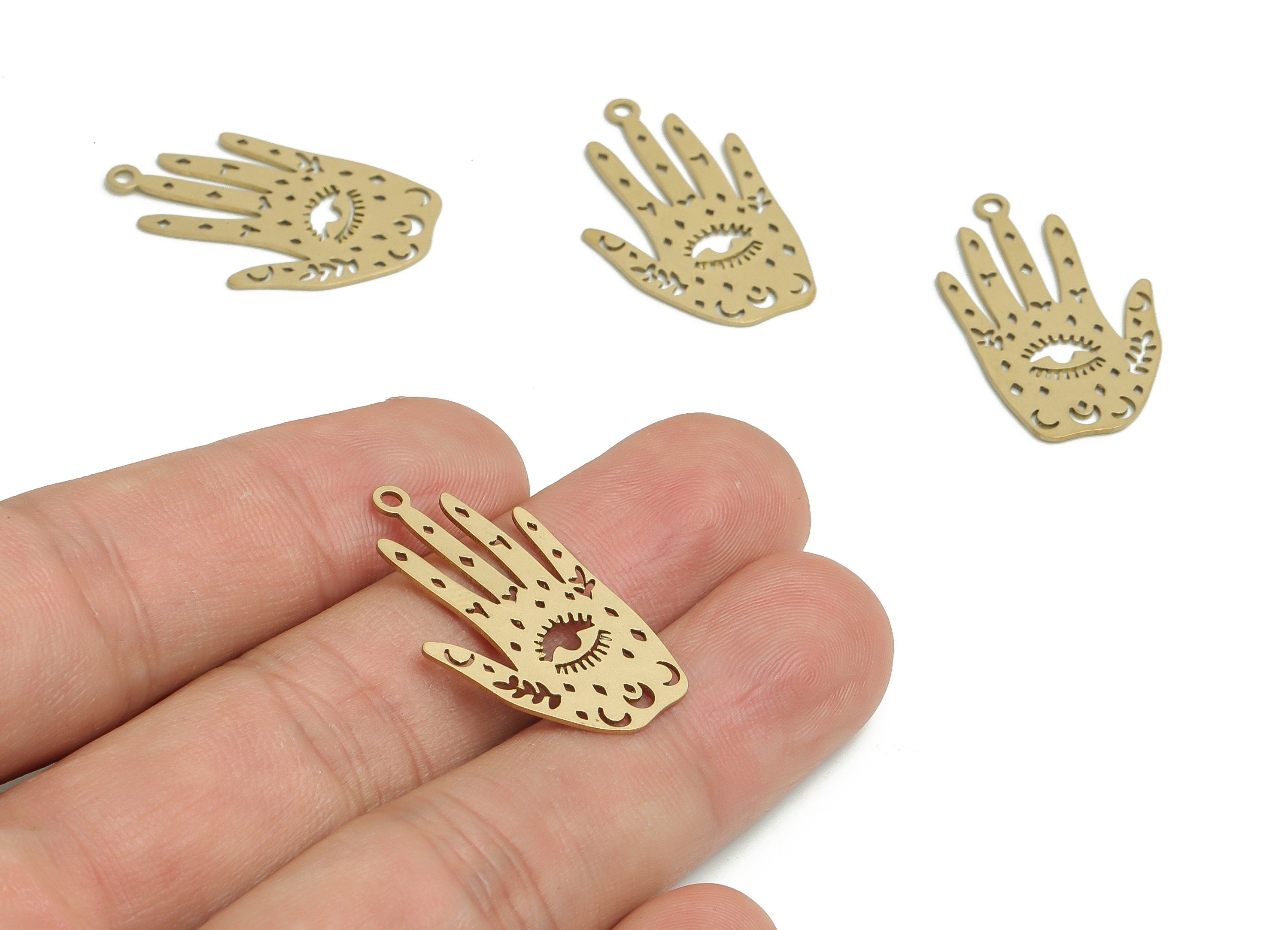 Brass Hand Eye Earring Charms - Raw Brass Moon Leaf Pendant - DIY Jewelry Making Supplies - 29.88x18.68x0.6mm - PP4768 - DOMEDBAZAAR