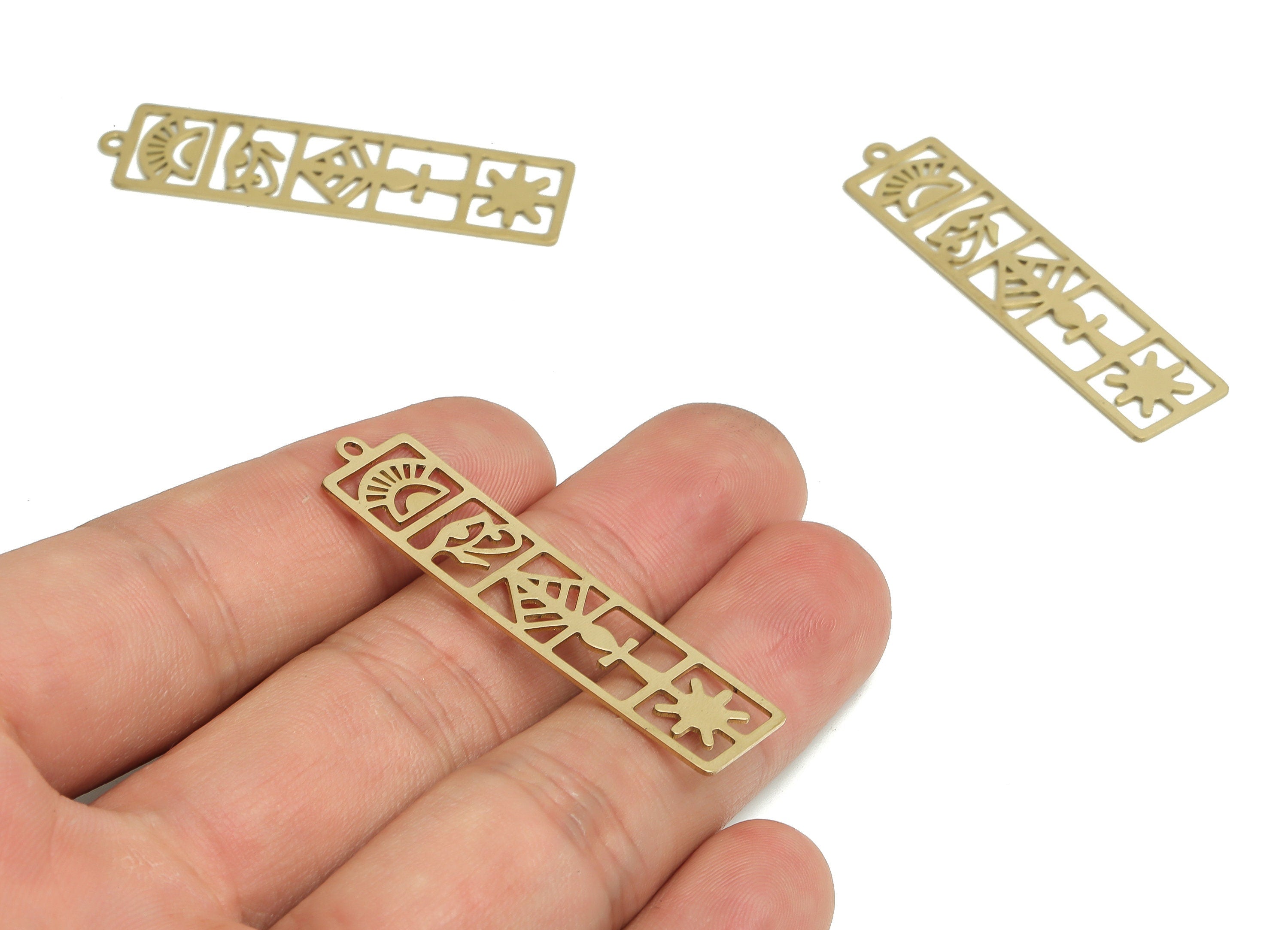 Brass Rectangle Earring Charms - Raw Brass Pattern Pendant - Esoteric Charms - DIY Jewelry Making Supplies - 46.58x11.92x0.63mm - PP4736 - DOMEDBAZAAR