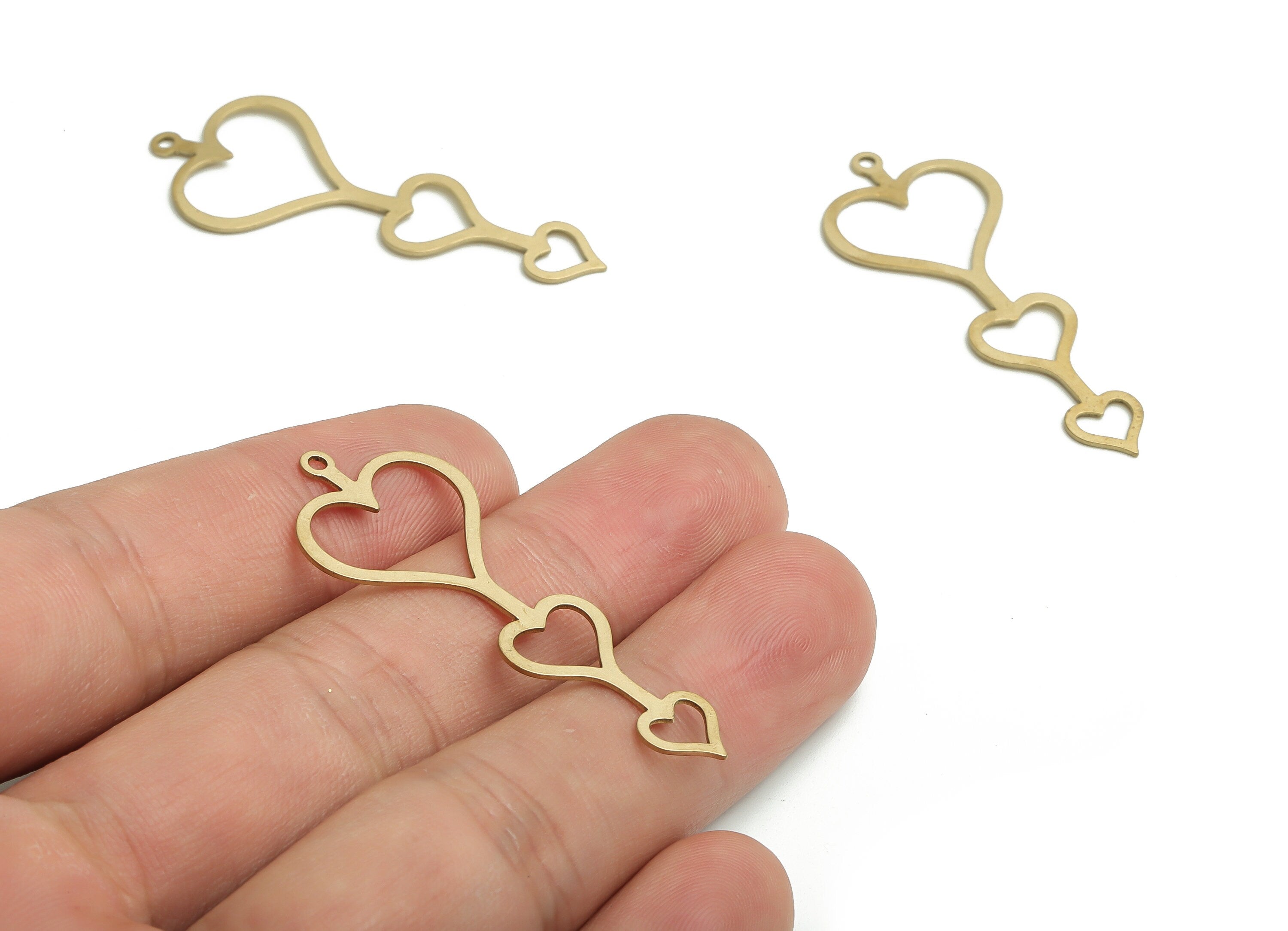 Brass 3 Hearts Earring Charms - Raw Brass 3 Hearts Pendant - DIY Jewelry Making Supplies - 44.9x18.27x0.63mm - PP4745 - DOMEDBAZAAR