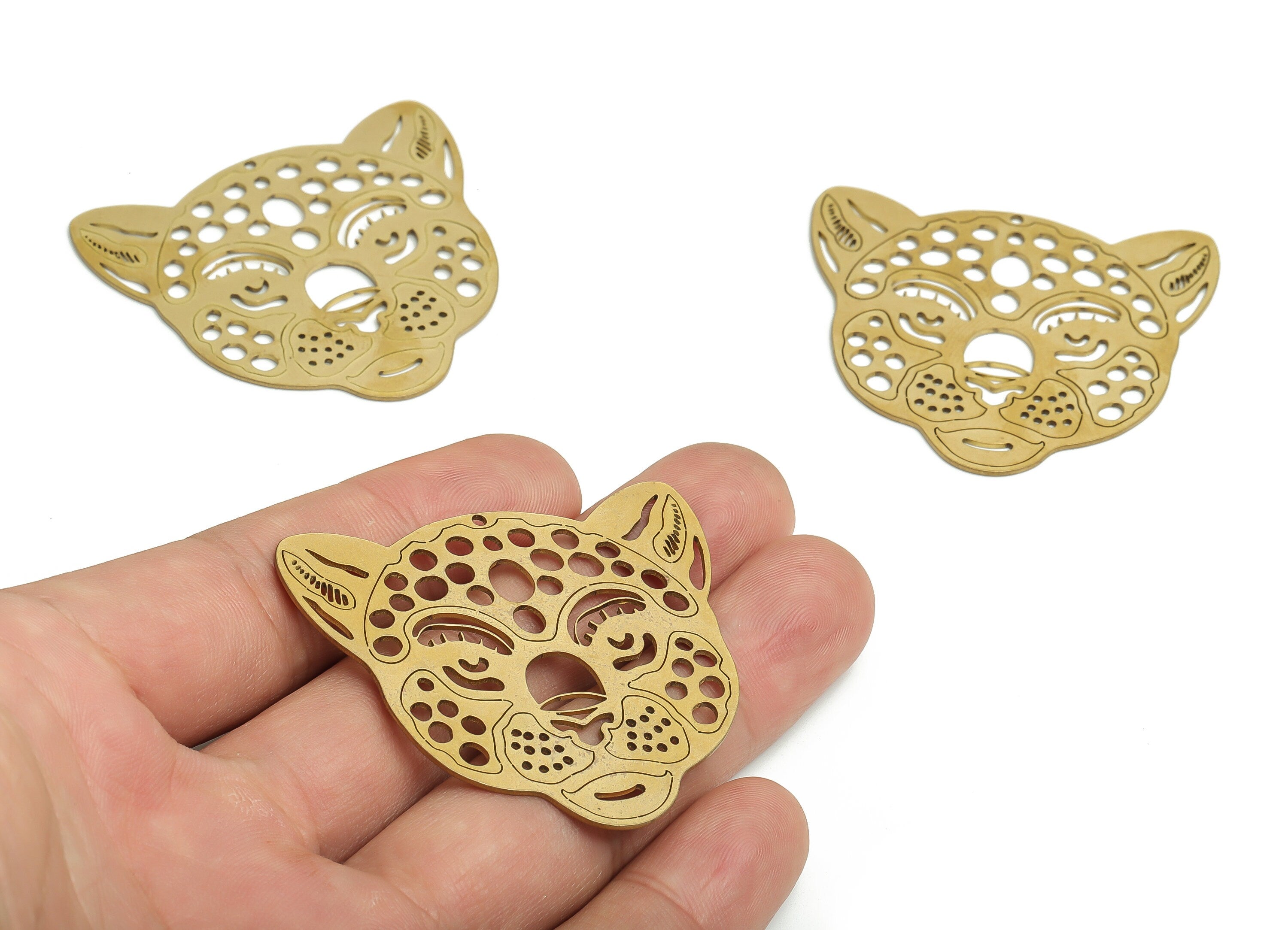 Brass Jaguar Earring Charms - Raw Brass Felidae Pendant - DIY Jewelry Making Supplies - 49.39x43.62x0.82mm - PPA1001 - DOMEDBAZAAR