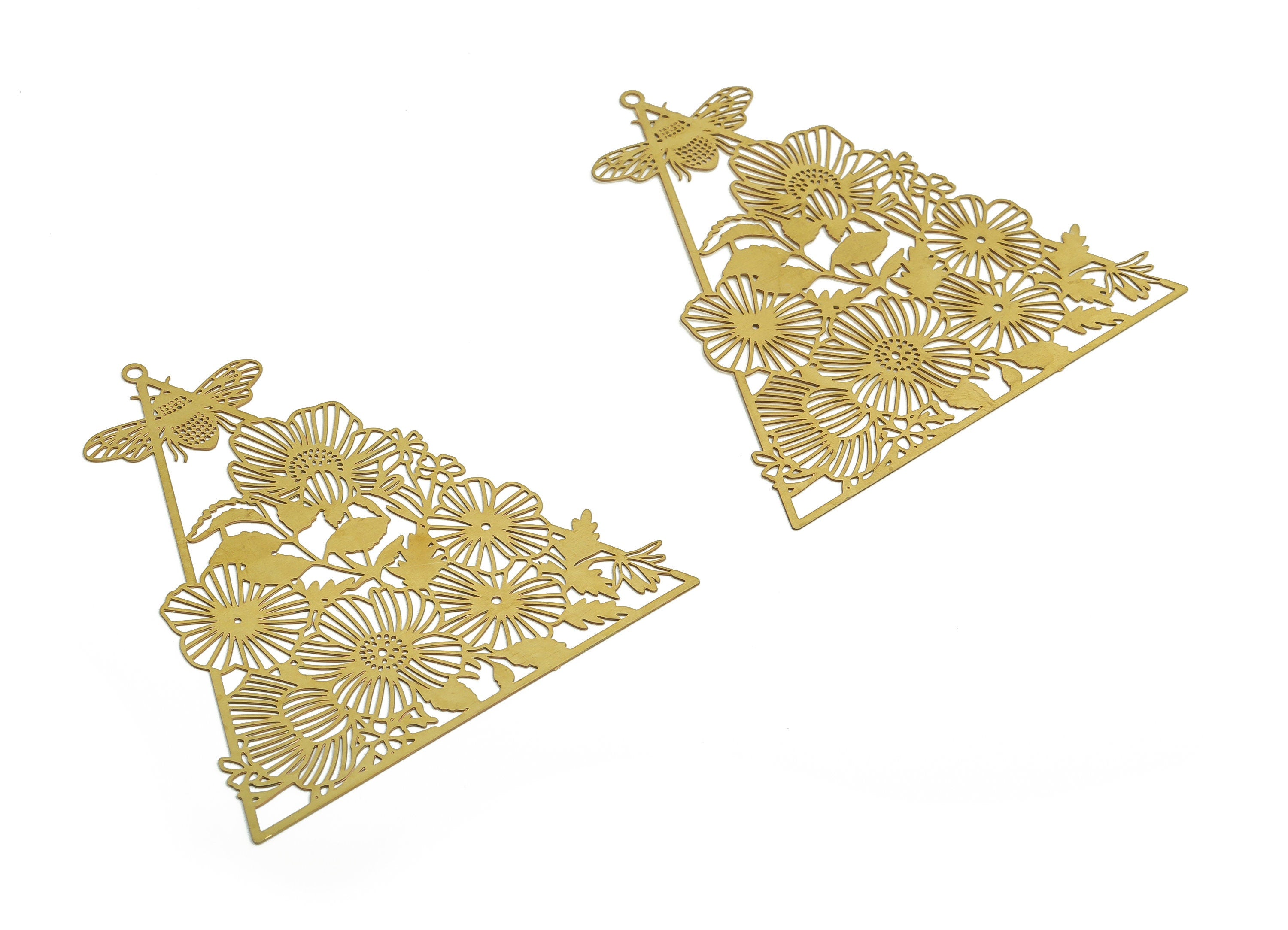 Brass Triangle Earring Charms - Raw Brass Bee Flowers Pendant - Jewelry Making Supplies - 56.74x53.22x0.29mm - JJA4690 - DOMEDBAZAAR