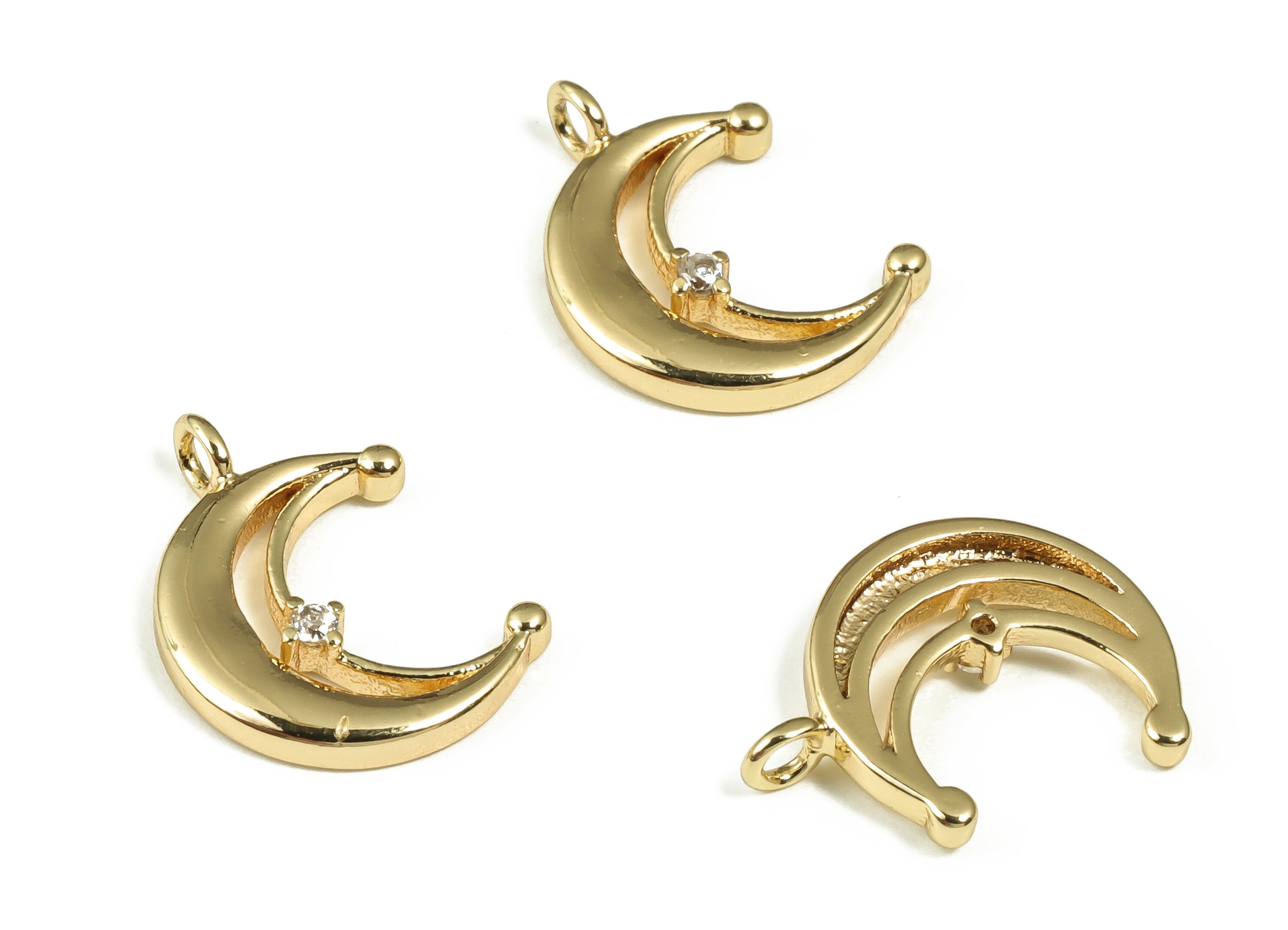 Brass Crescent Earring Charms With Zircons - Gold Moon Pendant - 18K Real Gold Plated Brass - Jewelry Supplies - 13.81x11.7x1.93mm - RGP4038 - DOMEDBAZAAR