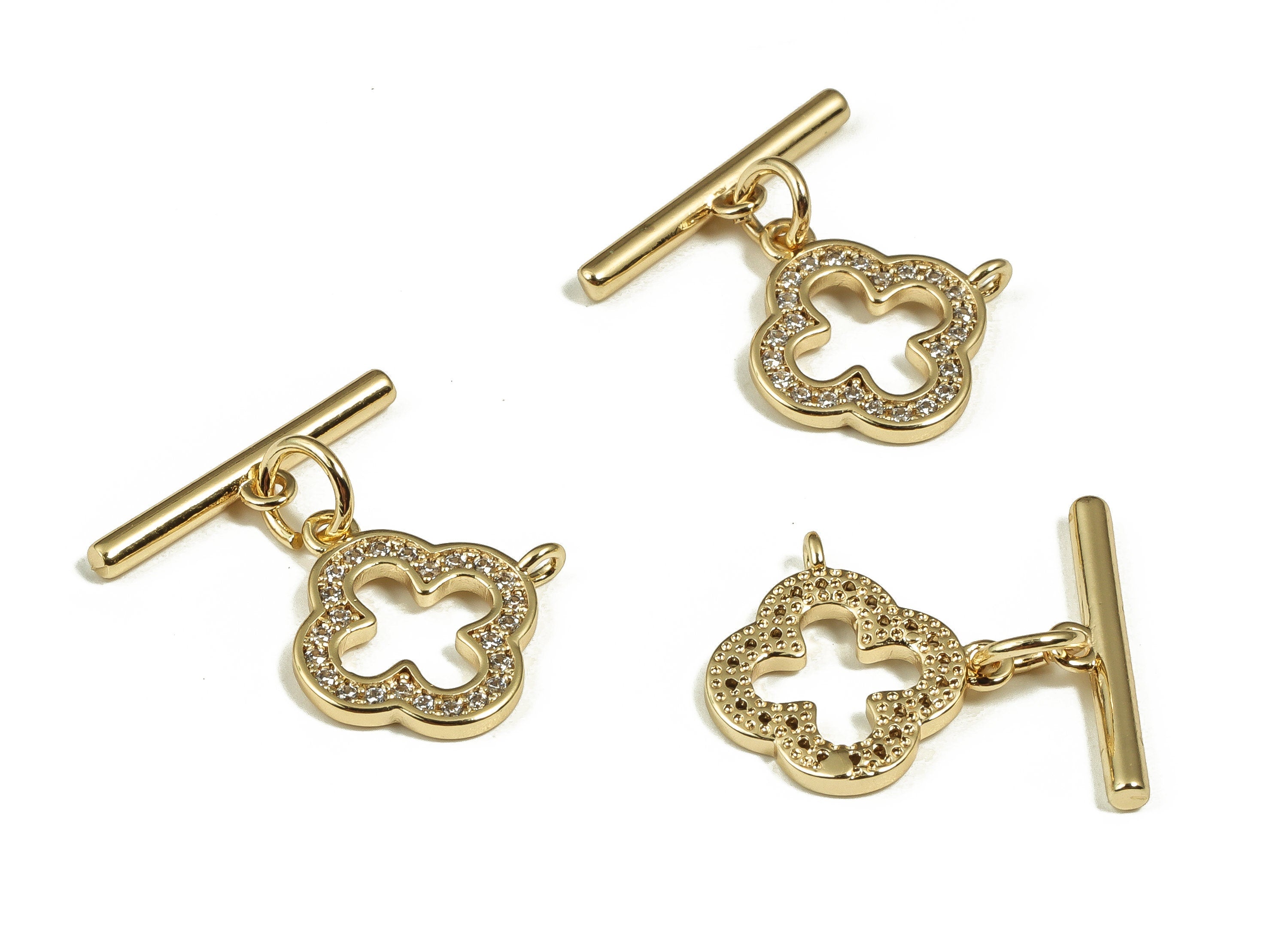 Round Toggle Clasp With Zircons – Gold Tone Clover Toggle Clasp – 18K Real Gold Plated Brass - Jewelry Supplies - 17.81x13.97x1.8mm -RGP4123 - DOMEDBAZAAR