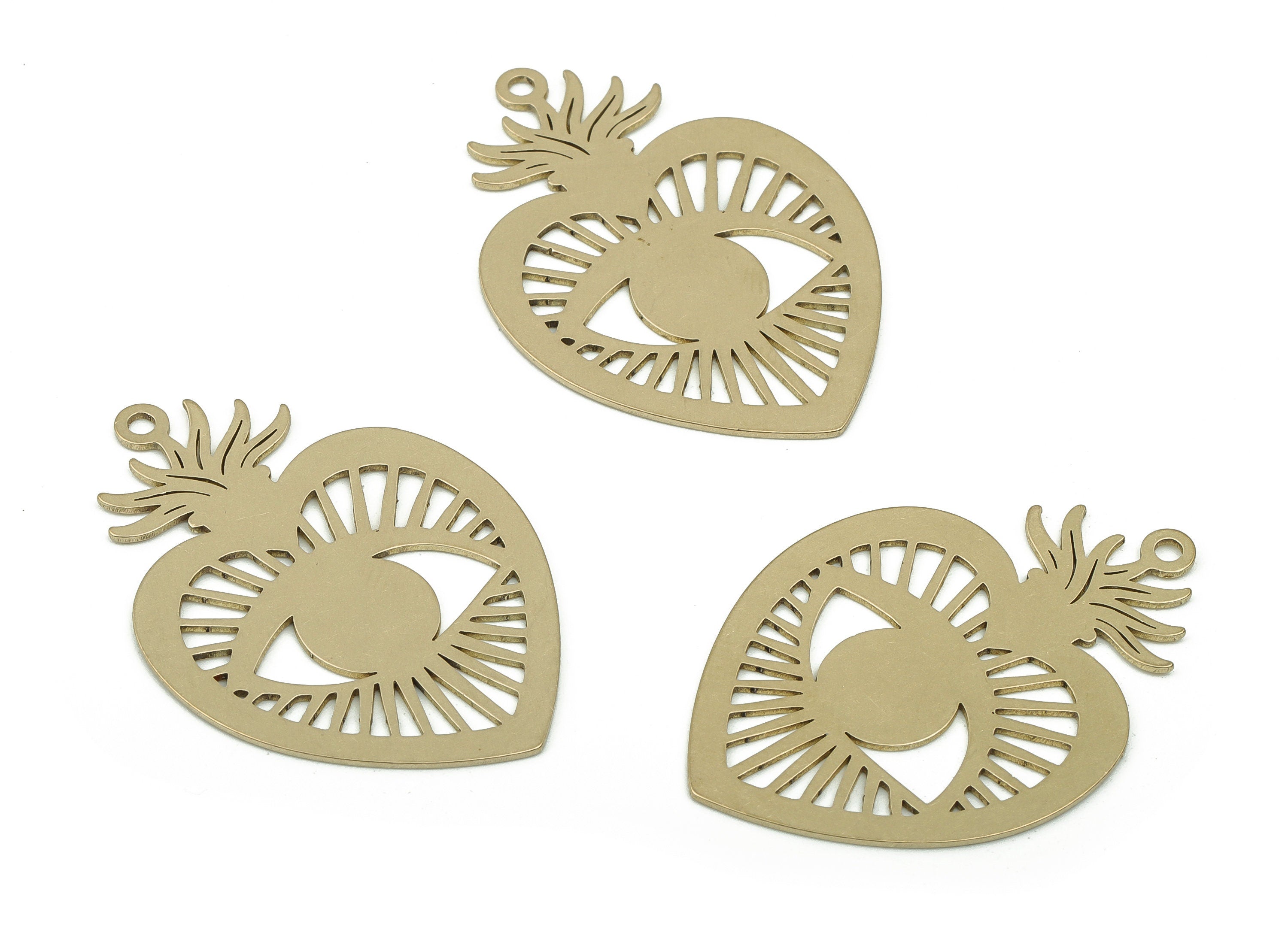 Brass Heart Shaped Eye Earring Charm - Raw Brass Eye Pendant Charm - Laser Cut Charms - Jewelry Making Supplies -34.81x24.26x0.66mm- PP4834 - DOMEDBAZAAR