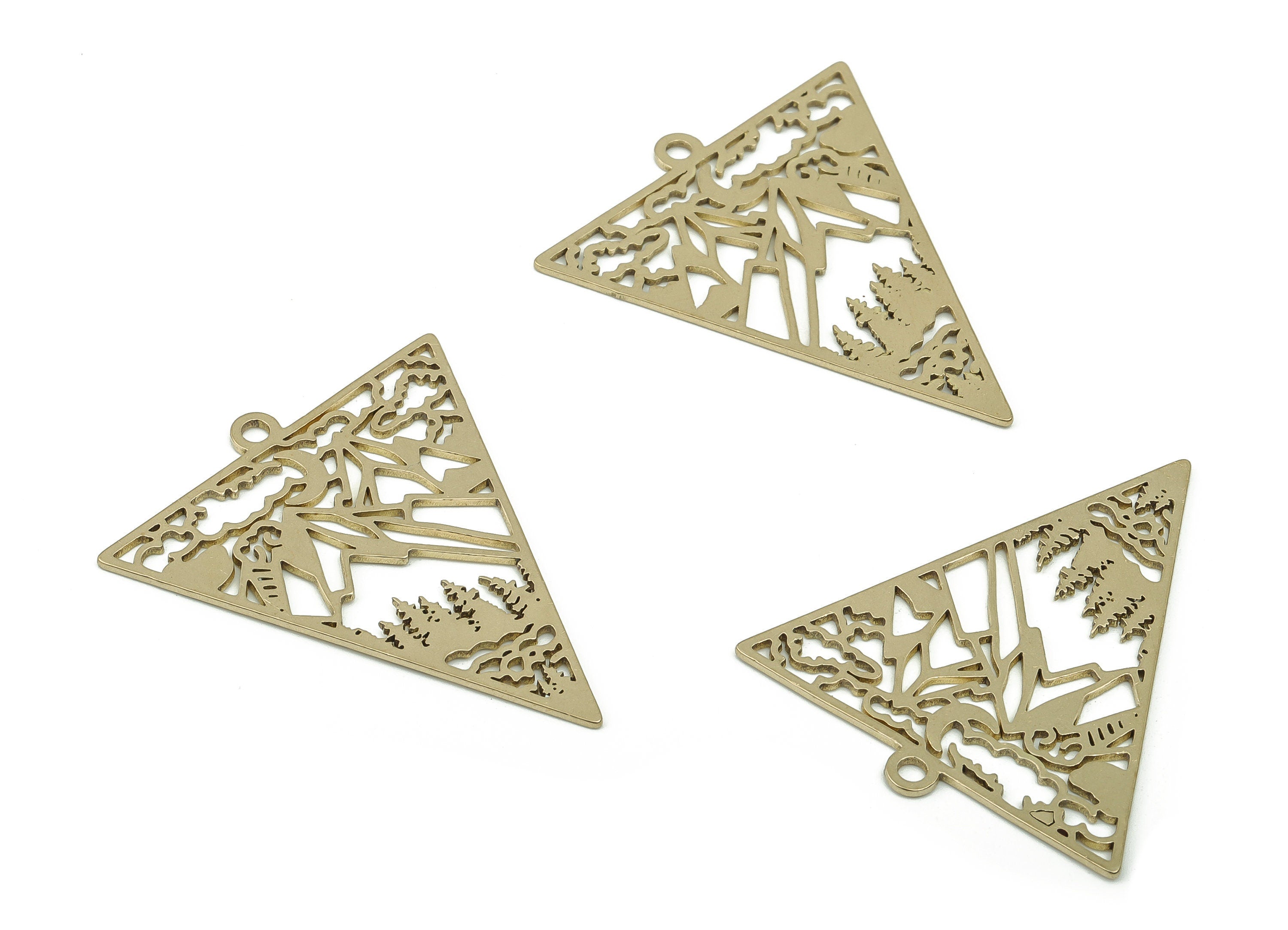 Brass Triangle Earring Charms - Raw Brass Landscape Trees Moon Pendant - Jewelry Making Supplies - 38.43x33.15x0.83mm - PPA0088 - DOMEDBAZAAR