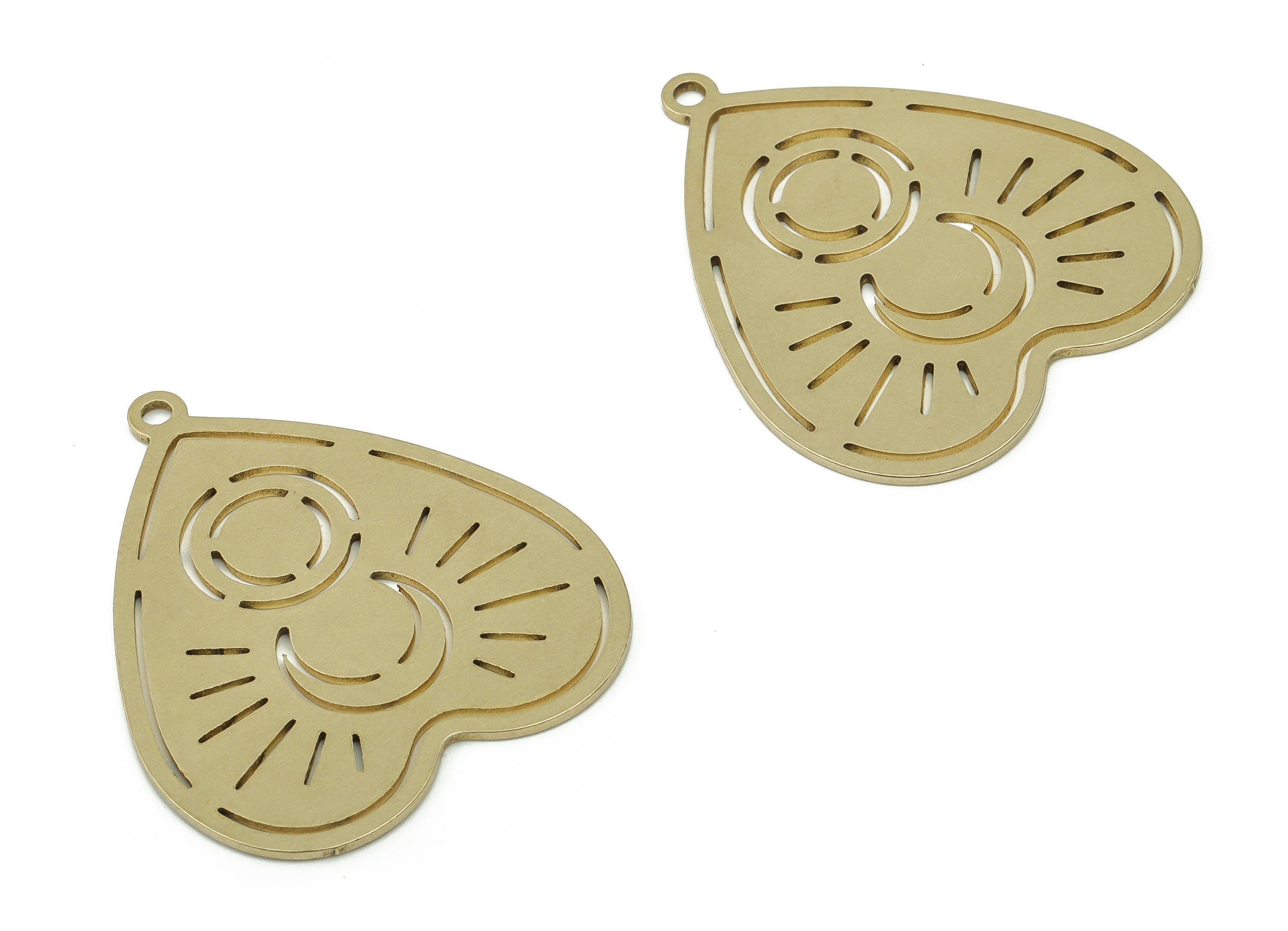 Brass Heart Earring Charms - Raw Brass Sun Moon Pendant - DIY Jewelry Making Supplies - 37.7x32.07x0.9mm - PPZ0045 - DOMEDBAZAAR