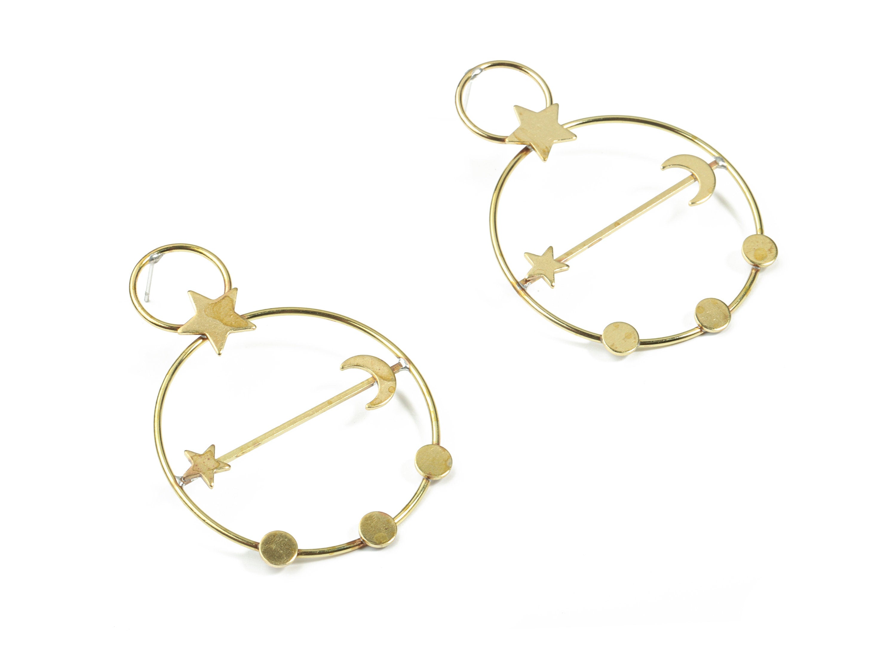 Brass Hoops Stud Earring - Raw Brass Stars Moons Earring Post - Surgical Stud - Earring Post - Jewelry Supplies - 53.4x37.98x2.49mm - PP3319 - DOMEDBAZAAR