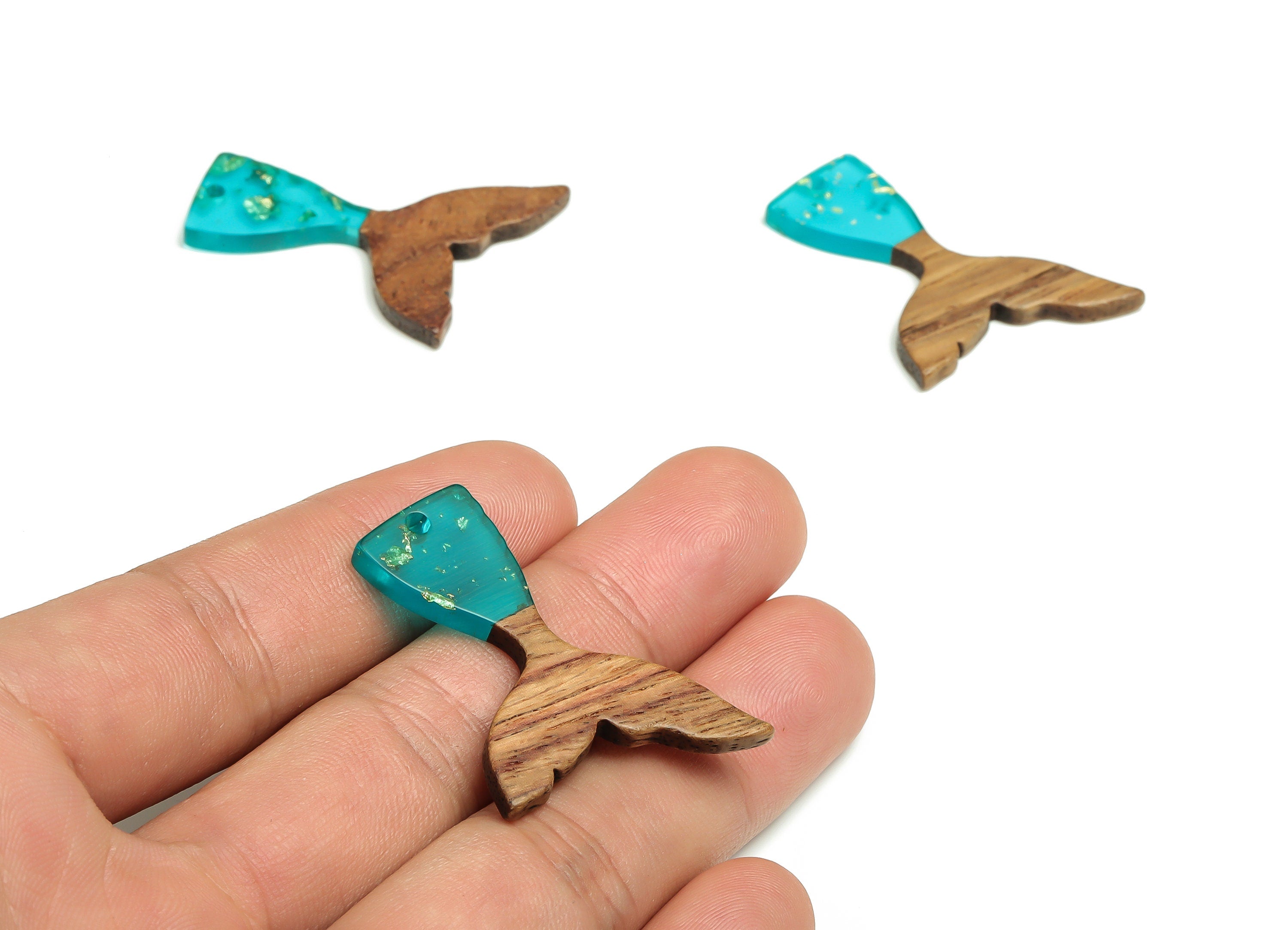 Walnut Wood Fish tail Charms - Resin Fish tail Pendant - Blue & Coffee Resin Fish tail - Jewelry Supplies - 38.49x27.99x3.08mm - BB1101B - DOMEDBAZAAR