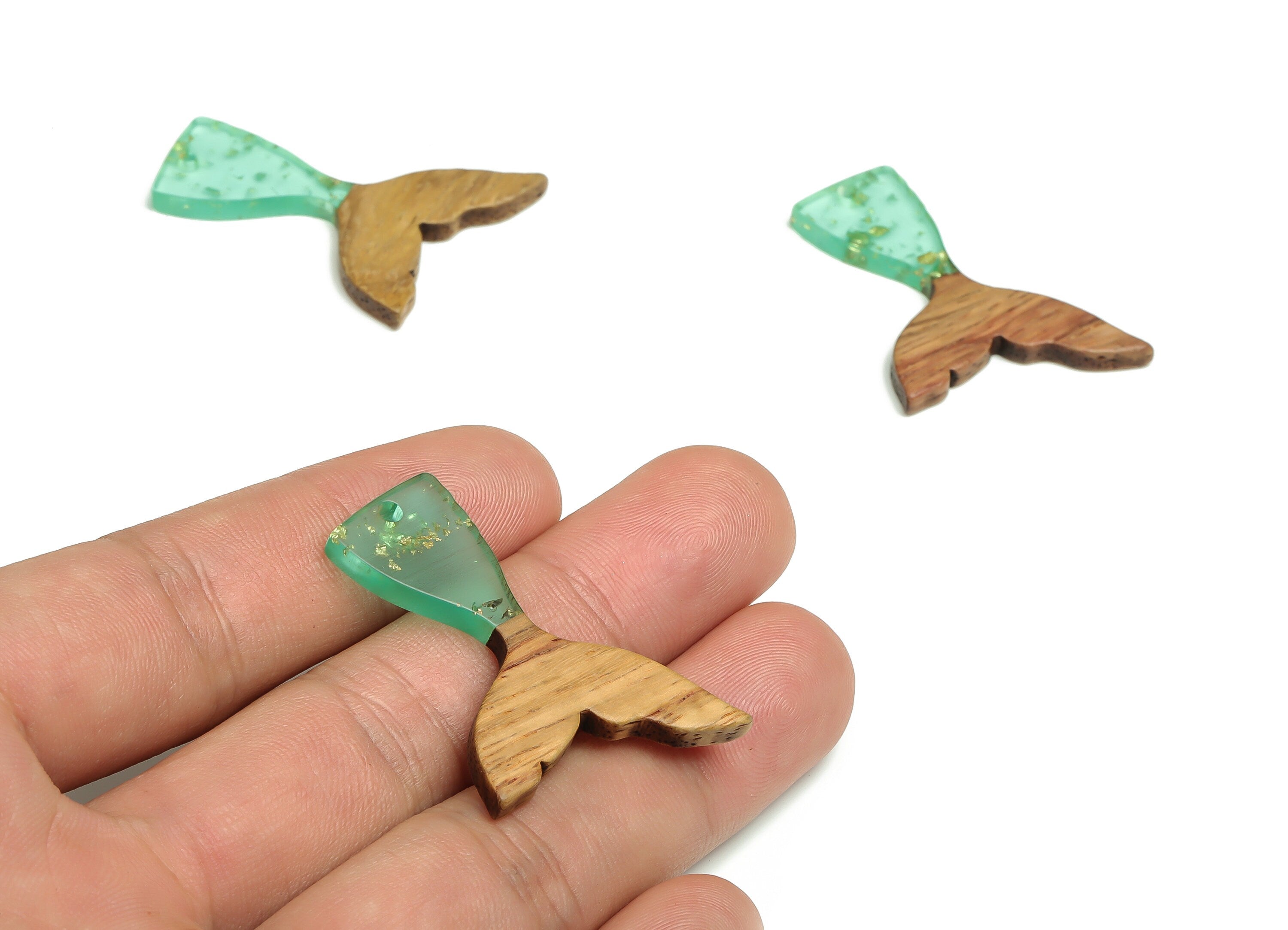 Walnut Wood Fish tail Charms - Resin Fish tail Pendant - Green & Coffee Resin Fish tail - Jewelry Supplies - 38.49x27.99x3.08mm - BB1101C - DOMEDBAZAAR
