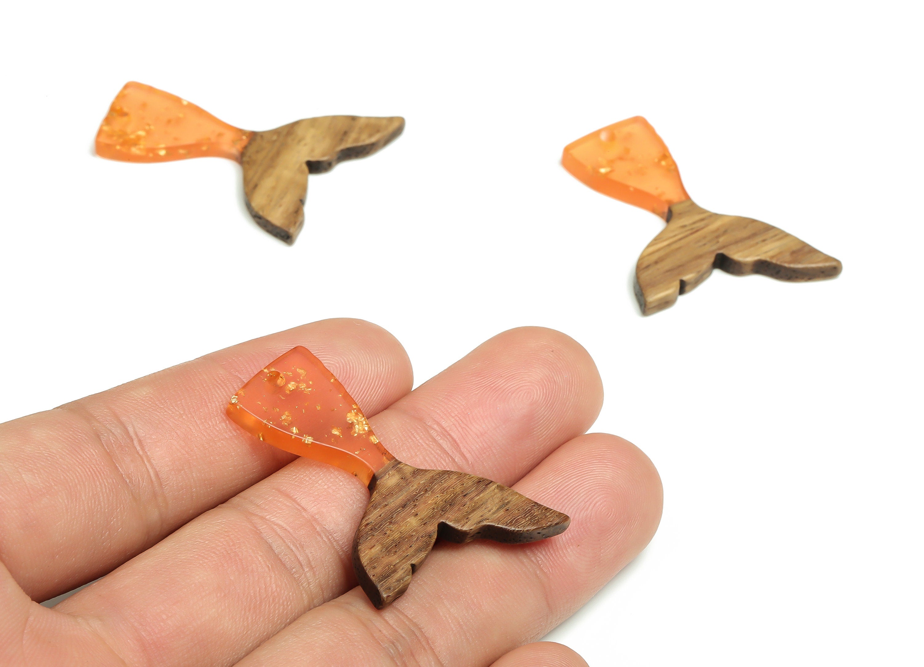 Walnut Wood Fish tail Charms - Resin Fish tail Pendant - Orange & Coffee Resin Fish tail - Jewelry Supplies - 38.49x27.99x3.08mm - BB1101D - DOMEDBAZAAR