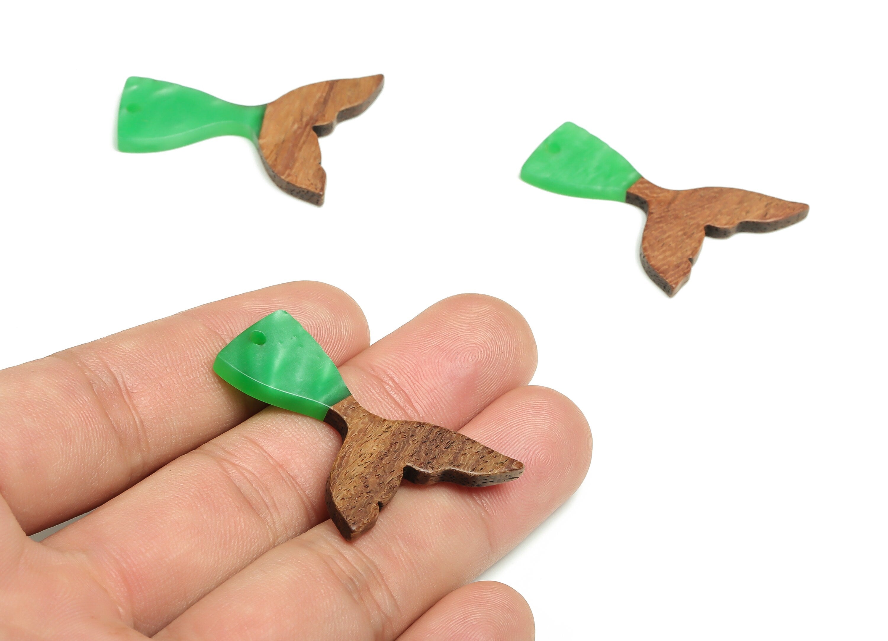 Walnut Wood Fish tail Charms - Resin Fish tail Pendant - Light Green & Coffee Resin Fish tail - Jewelry Supplies - 38.49x28x3.1mm - BB1101H - DOMEDBAZAAR