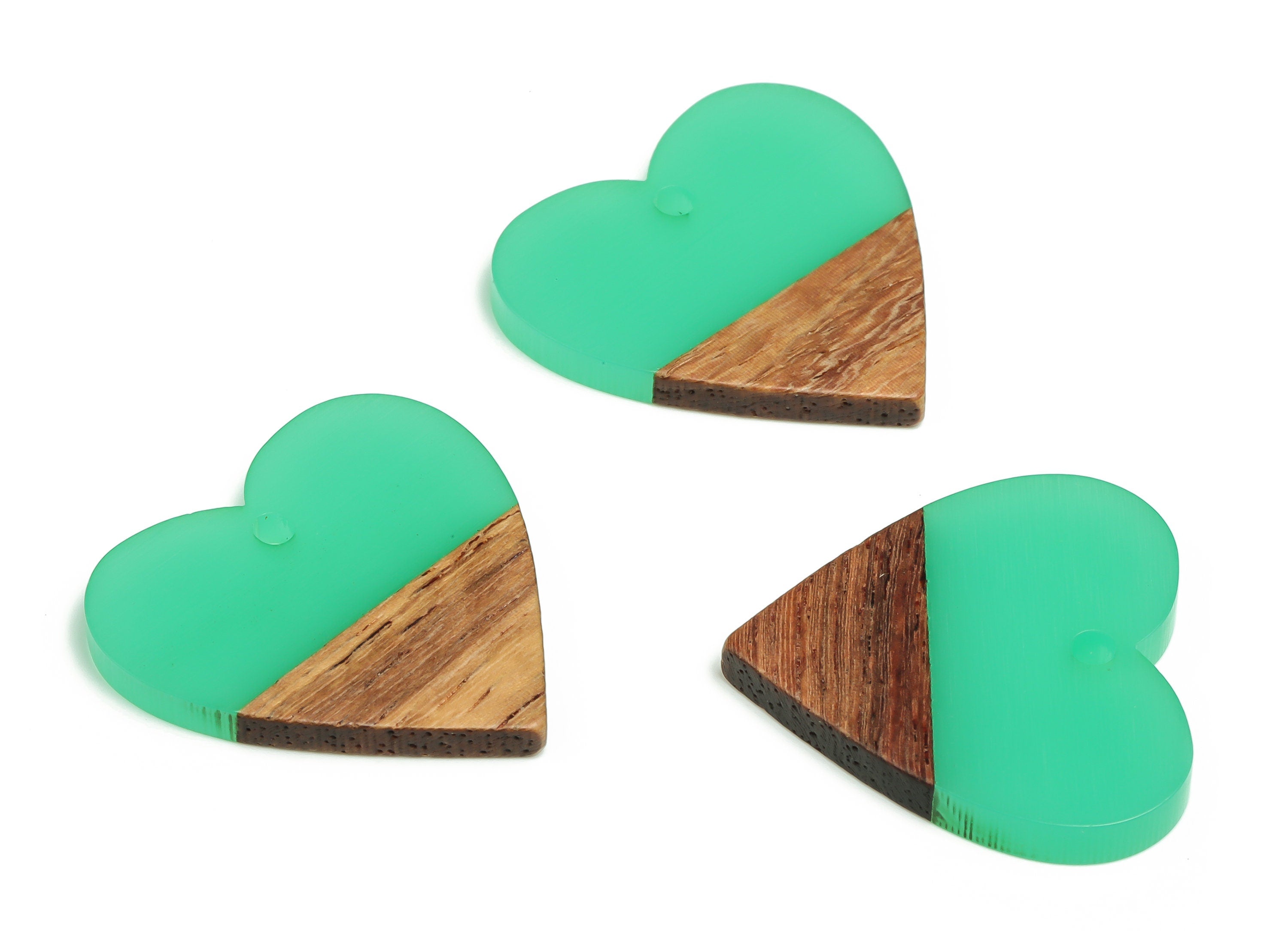 Walnut Wood Heart Earring Charms - Resin Heart Pendant - Light Green & Coffee Resin Heart - Jewelry Supplies - 24.78x23.98x2.8mm - BB1102B - DOMEDBAZAAR