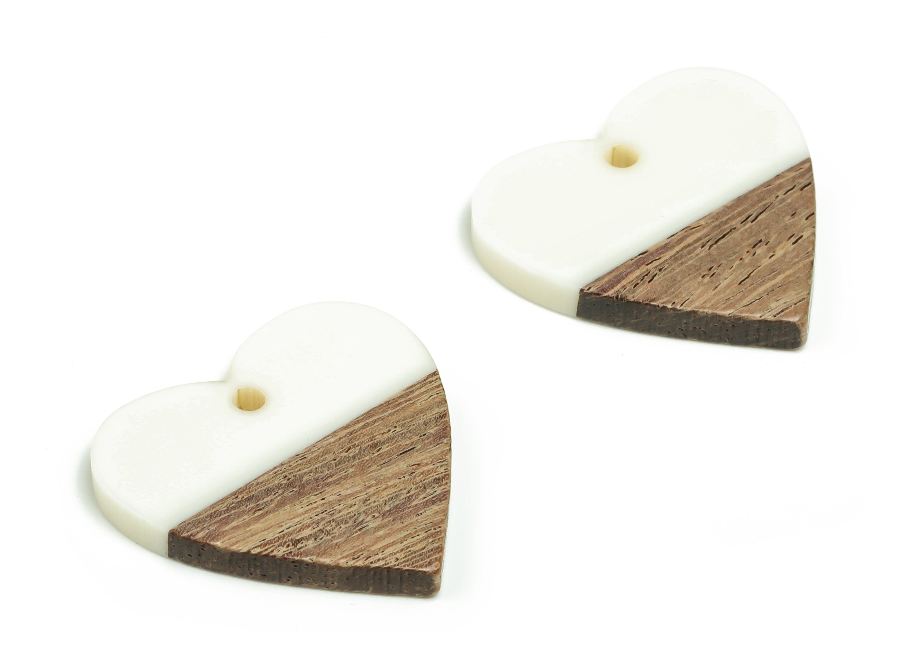 Walnut Wood Heart Earring Charms - Resin Heart Pendant - Milk White& Coffee Resin Heart - Jewelry Supplies - 24.78x23.98x2.8mm - BB1102D - DOMEDBAZAAR