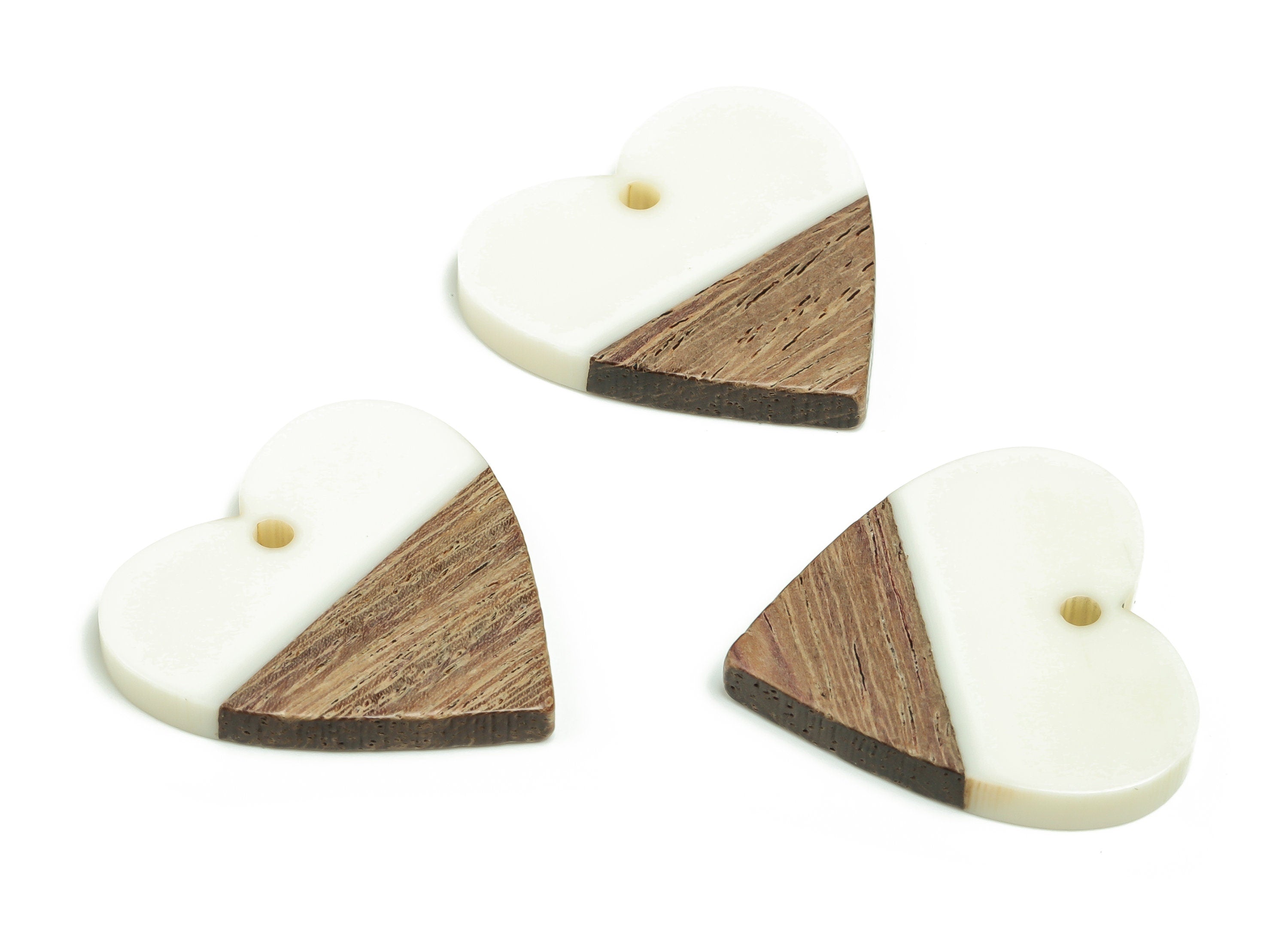 Walnut Wood Heart Earring Charms - Resin Heart Pendant - Milk White& Coffee Resin Heart - Jewelry Supplies - 24.78x23.98x2.8mm - BB1102D - DOMEDBAZAAR