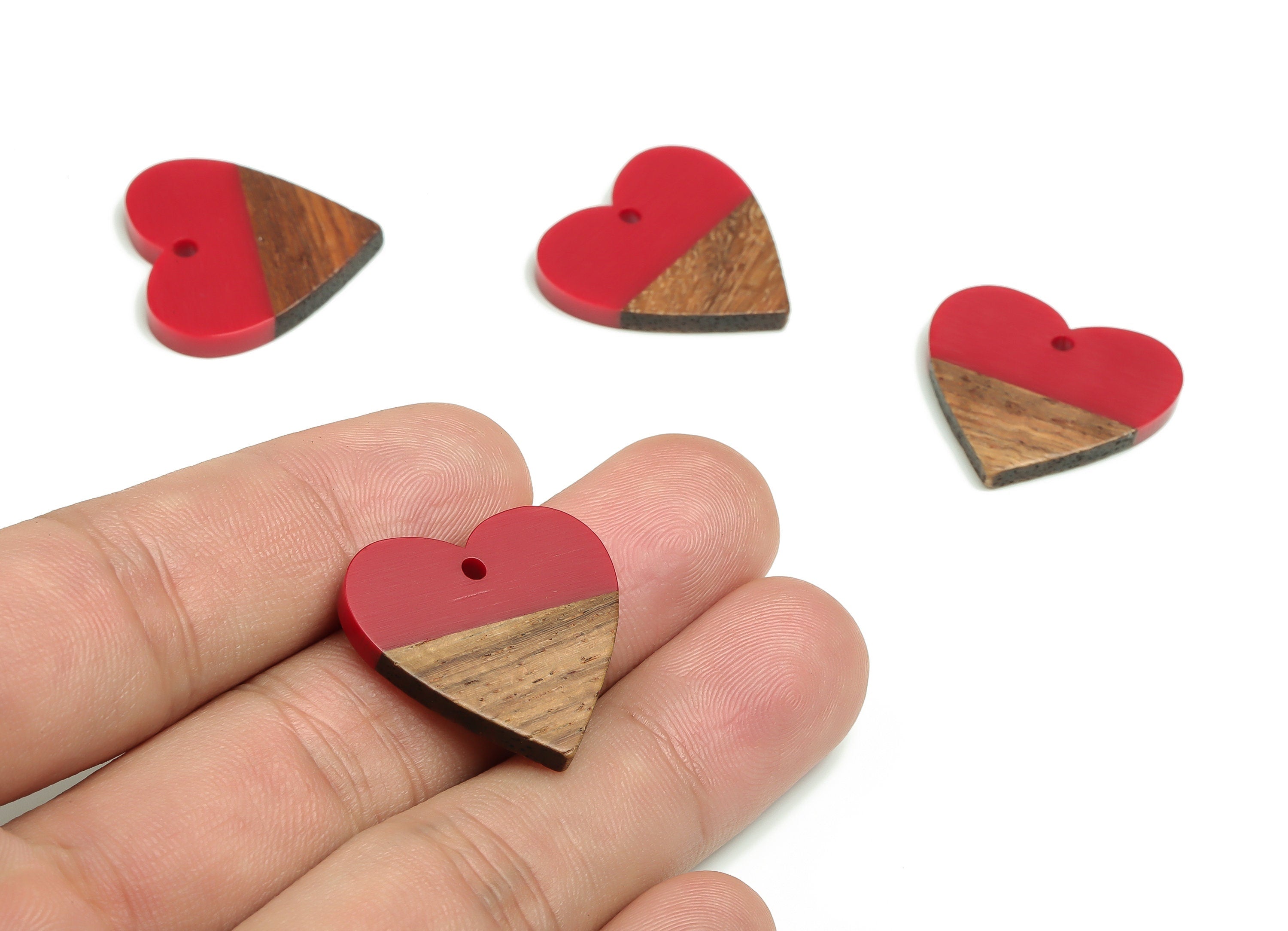 Walnut Wood Heart Earring Charm - Resin Heart Pendant - Rose Red& Coffee Resin Heart - Jewelry Making Supplies - 24.78x23.98x2.8mm - BB1102E - DOMEDBAZAAR