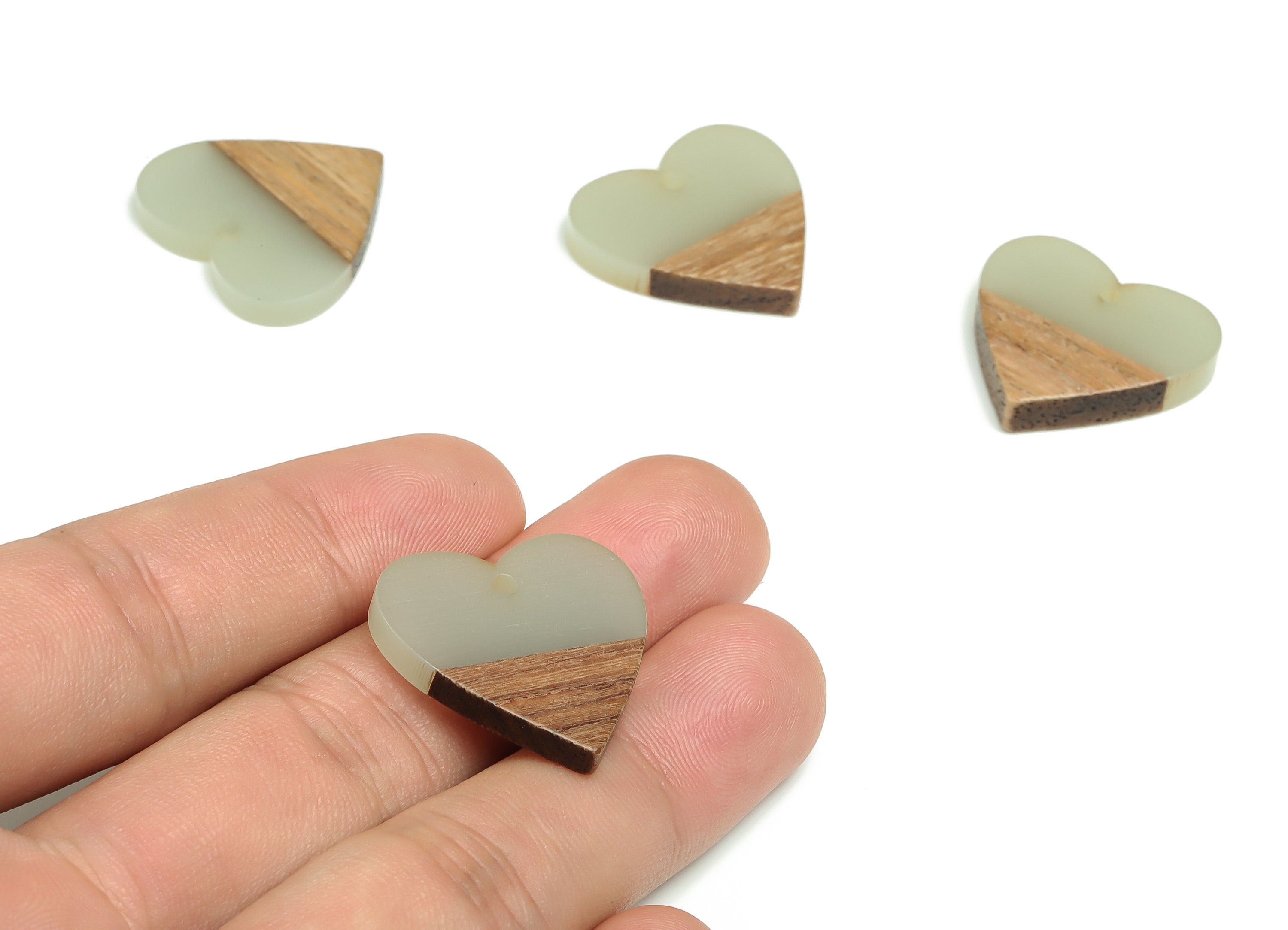 Walnut Wood Heart Earring Charms - Resin Heart Pendant - Light Gray& Coffee Resin Heart - Jewelry Supplies - 24.78x23.98x2.8mm - BB1102G - DOMEDBAZAAR