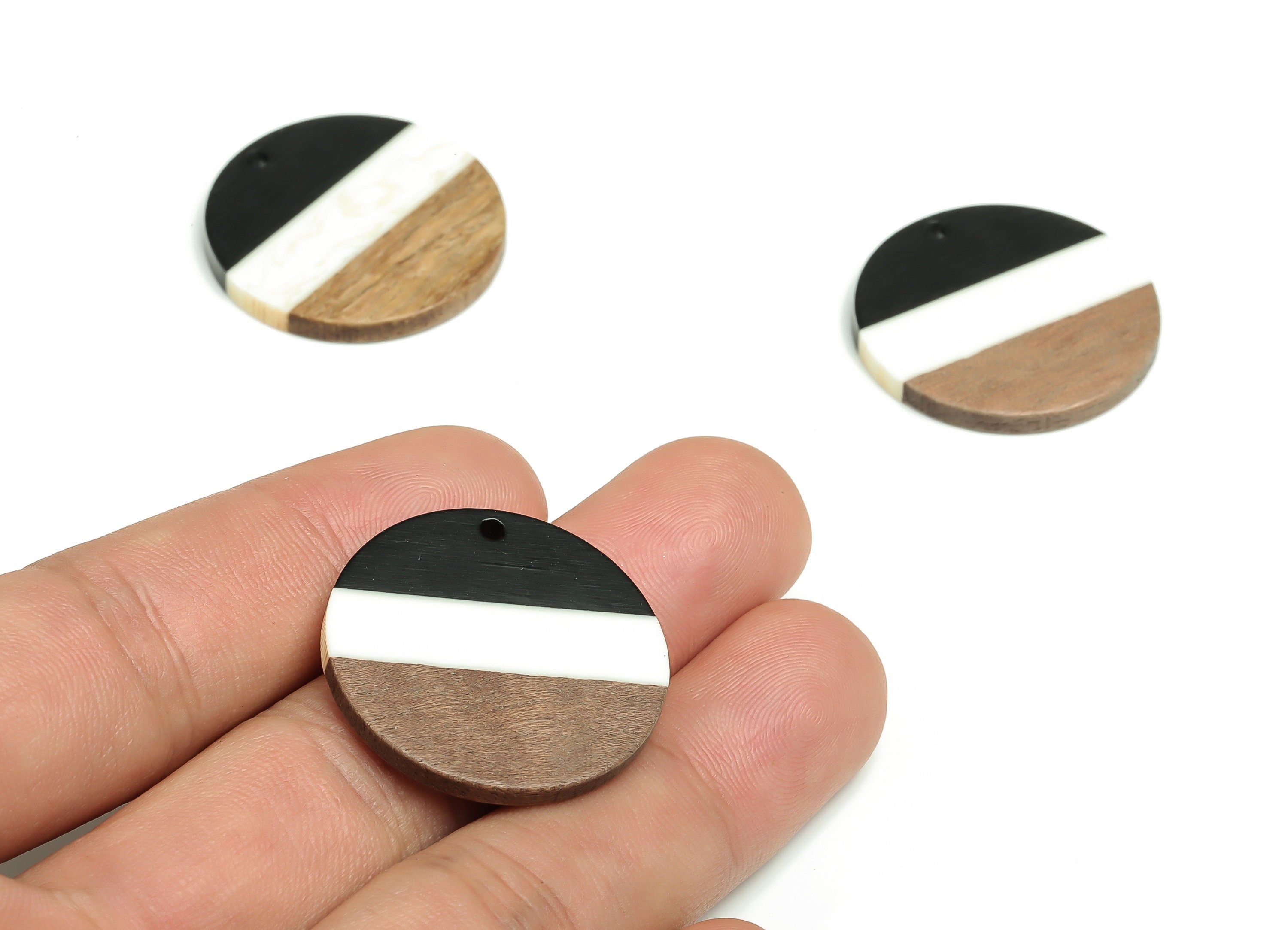 Walnut Wood Round Earring Charms - Resin Circle Pendant - Black White& Coffee Resin Round - Jewelry Supplies - 17.94x27.94x2.9mm - BB1103A - DOMEDBAZAAR