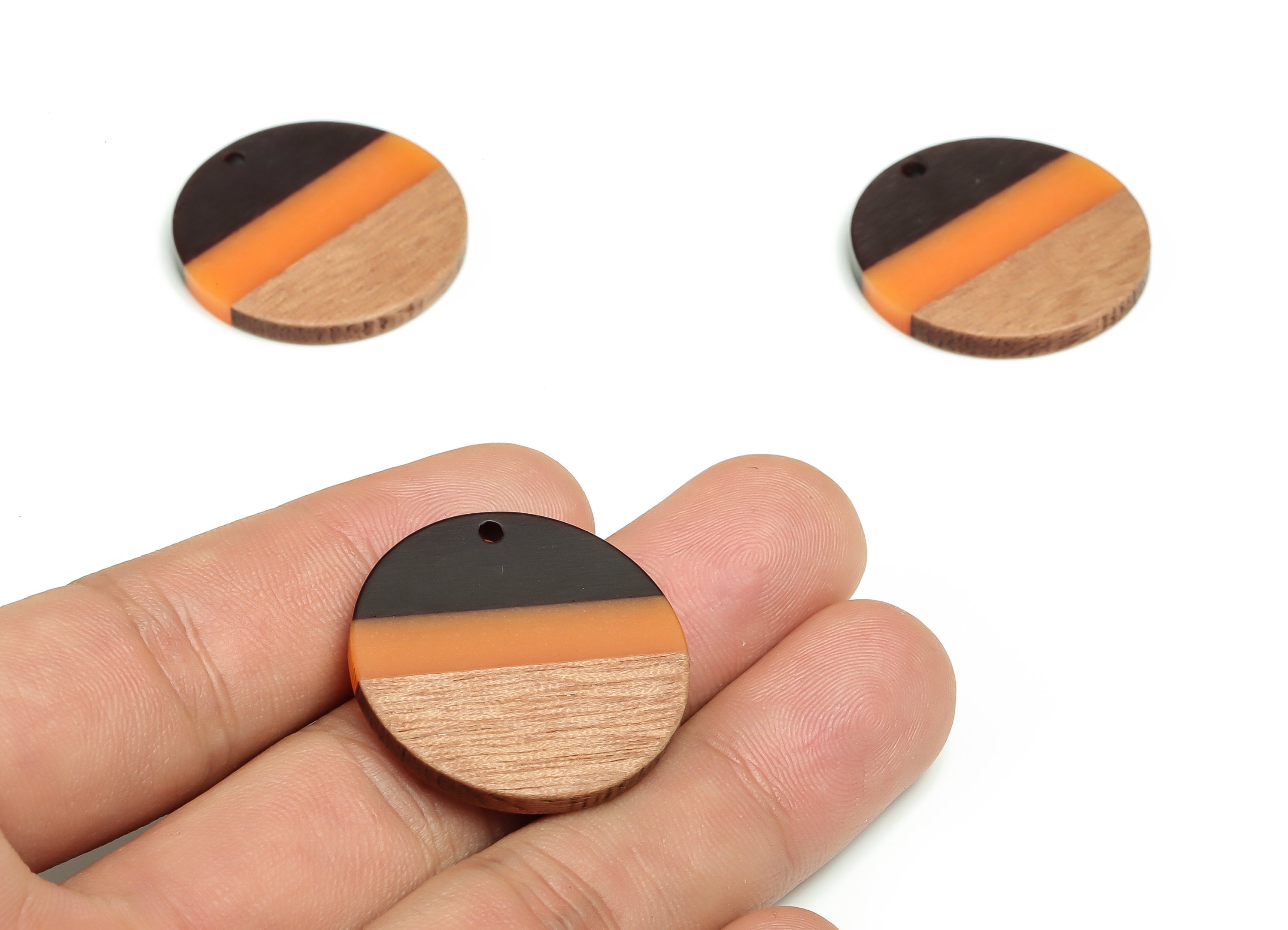 Walnut Wood Round Earring Charms - Resin Circle Pendant - Black Orange& Coffee Resin Round - Jewelry Supplies - 17.94x27.94x2.9mm - BB1103B - DOMEDBAZAAR