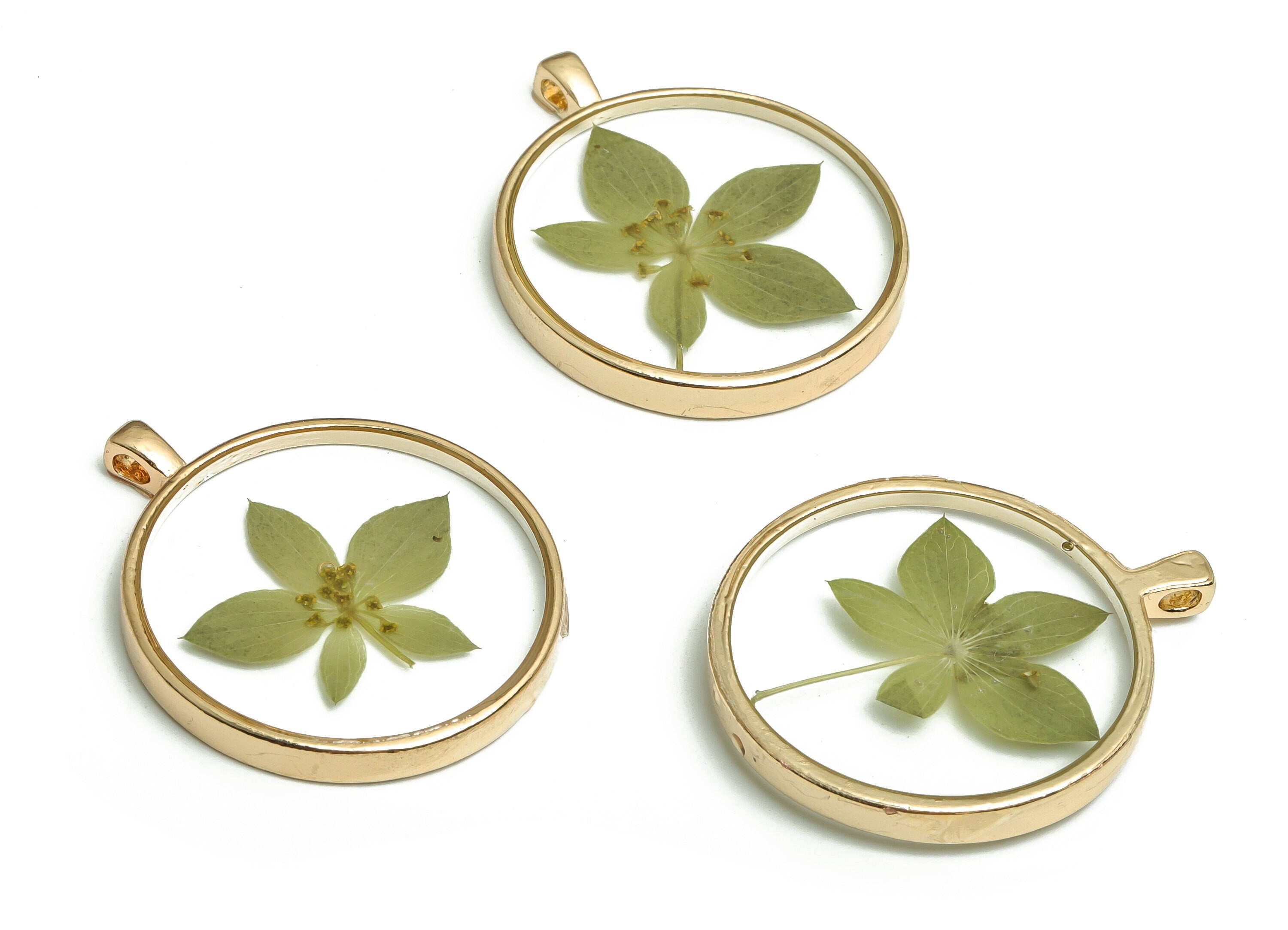 Epoxy Resin Round Real Flower Earring Charms - Epoxy Resin Rabbit Grass Pendant Charm - Gold Tone Plated Alloy -35.05x28.98x4.55mm- ZZ1950 - DOMEDBAZAAR