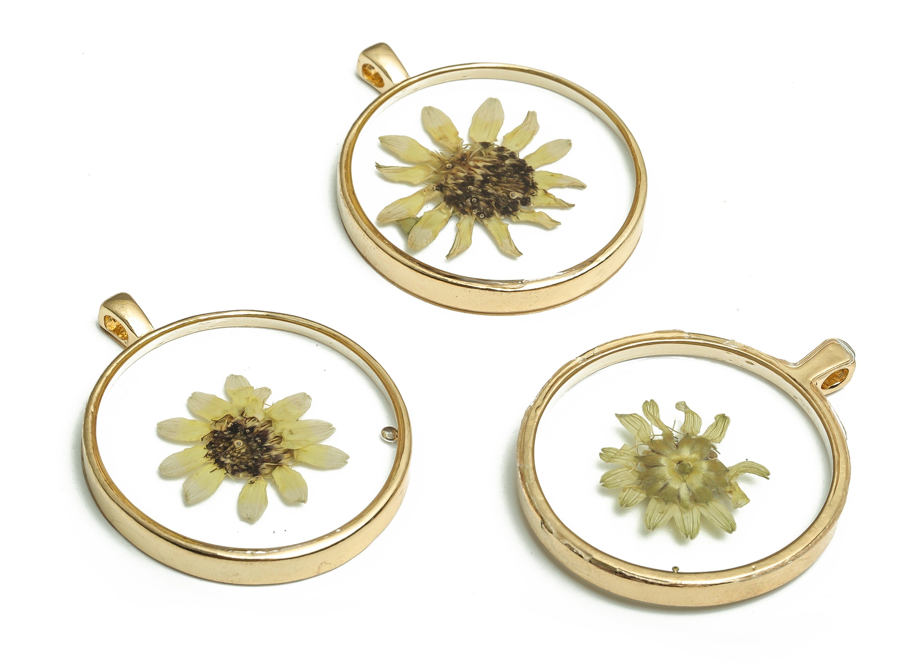 Epoxy Resin Round Earring Charms - Dried Real Flower Jewelry - Sunflower Charm Jewelry - Gold Tone Plated Alloy -35.27x28.64x4.39mm- ZZ1951 - DOMEDBAZAAR