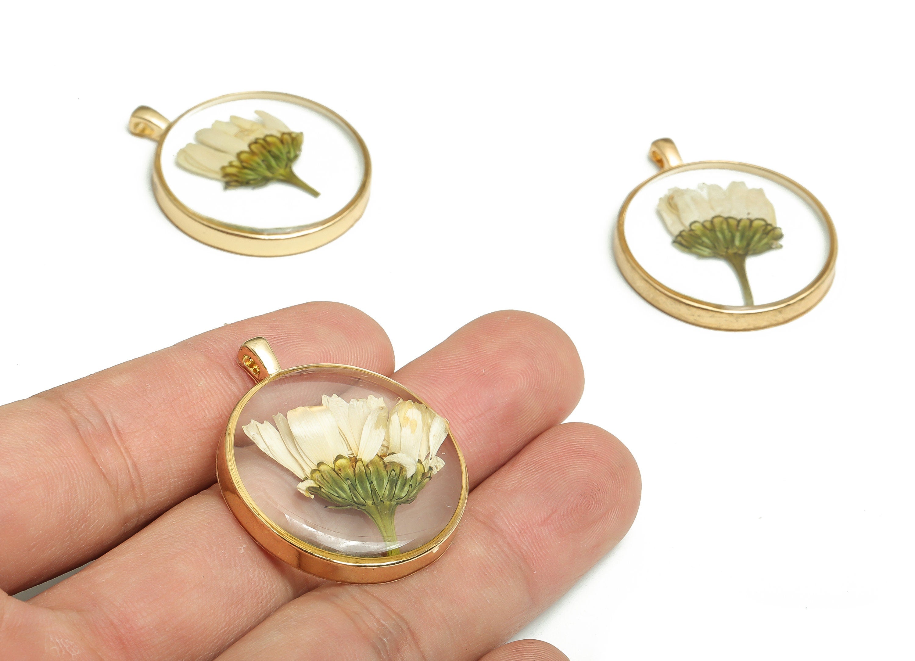 Resin Round Earring Charm - Real Dried Flower Jewelry - Resin Chrysanthemum Flower Charm - Gold Tone Plated Alloy -34.8x29.2x4.78mm- ZZ1942 - DOMEDBAZAAR