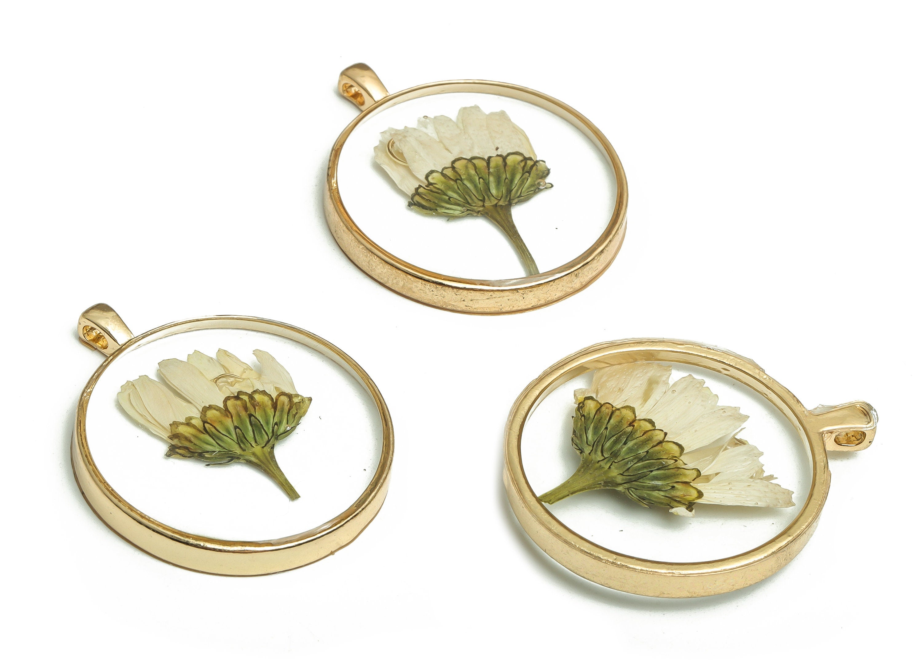 Resin Round Earring Charm - Real Dried Flower Jewelry - Resin Chrysanthemum Flower Charm - Gold Tone Plated Alloy -34.8x29.2x4.78mm- ZZ1942 - DOMEDBAZAAR