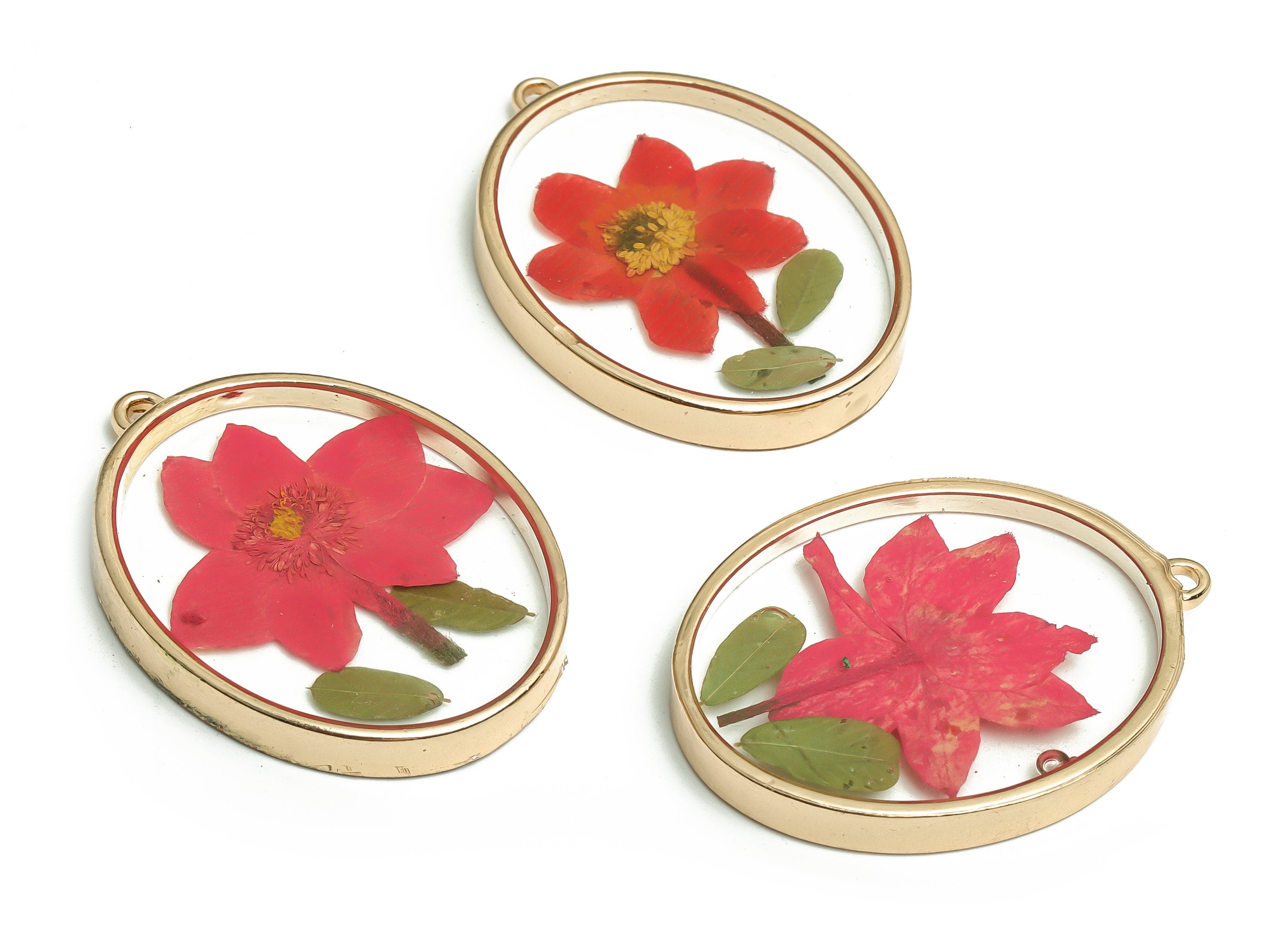 Epoxy Resin Oval Real Flower Earrings Charm - Dried Annunciator Flower Pendant Charms - Gold Tone Plated Alloy -41.23x30.26x4.5mm- ZZ1956 - DOMEDBAZAAR
