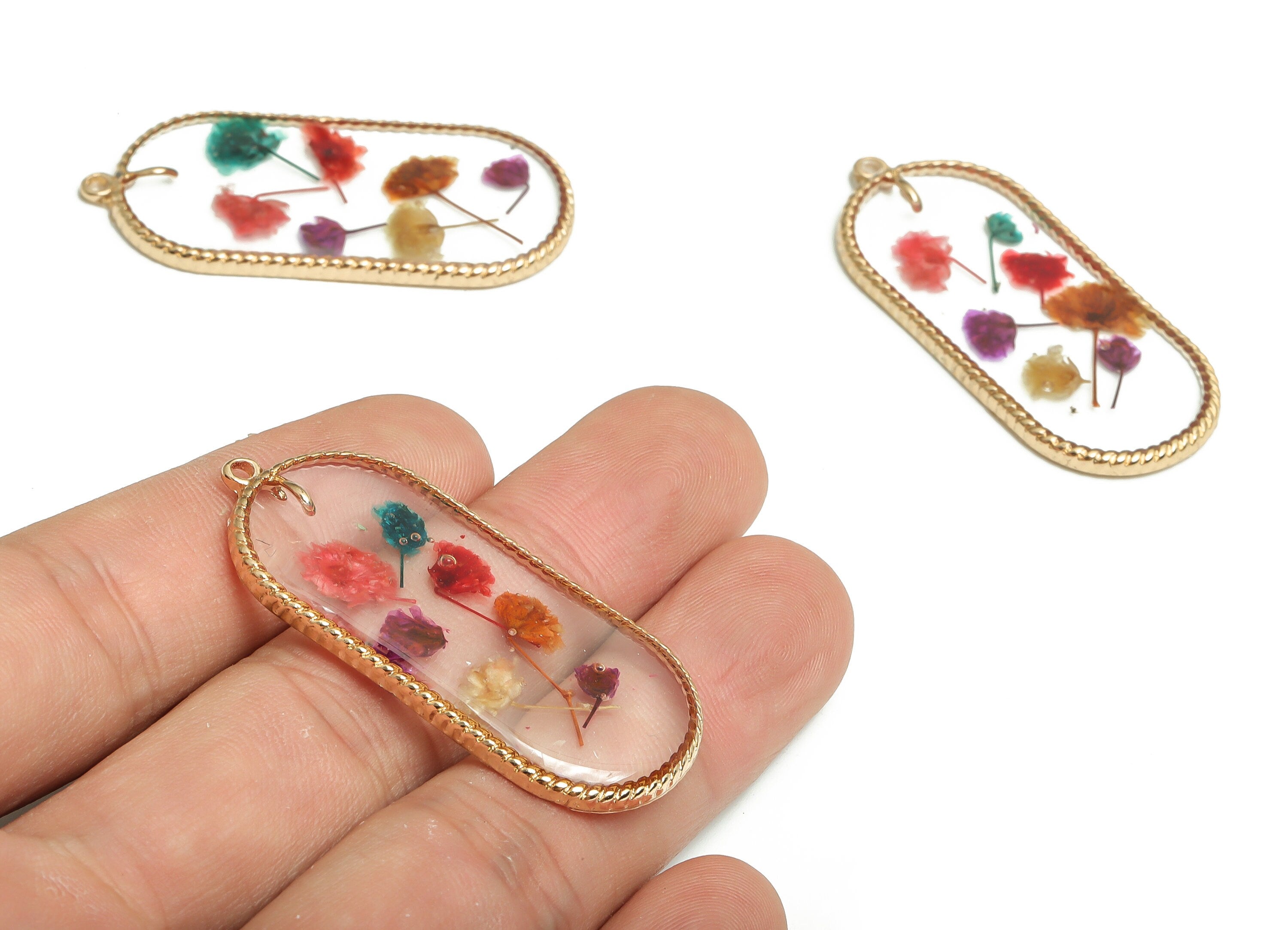 Epoxy Resin Oval Real Flower Earring Charms - Dried Resin Gypsophila Pendant Charm - Gold Tone Plated Alloy Charm -46.2x21.01x3.06mm- ZZ1960 - DOMEDBAZAAR