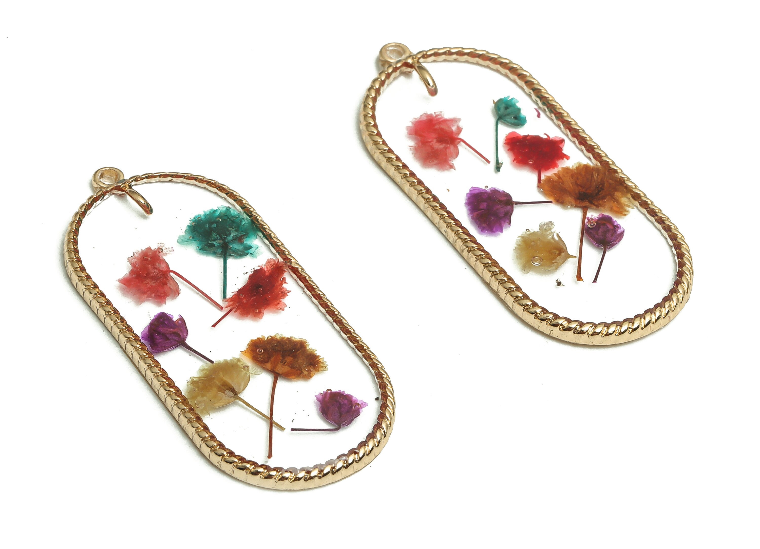 Epoxy Resin Oval Real Flower Earring Charms - Dried Resin Gypsophila Pendant Charm - Gold Tone Plated Alloy Charm -46.2x21.01x3.06mm- ZZ1960 - DOMEDBAZAAR