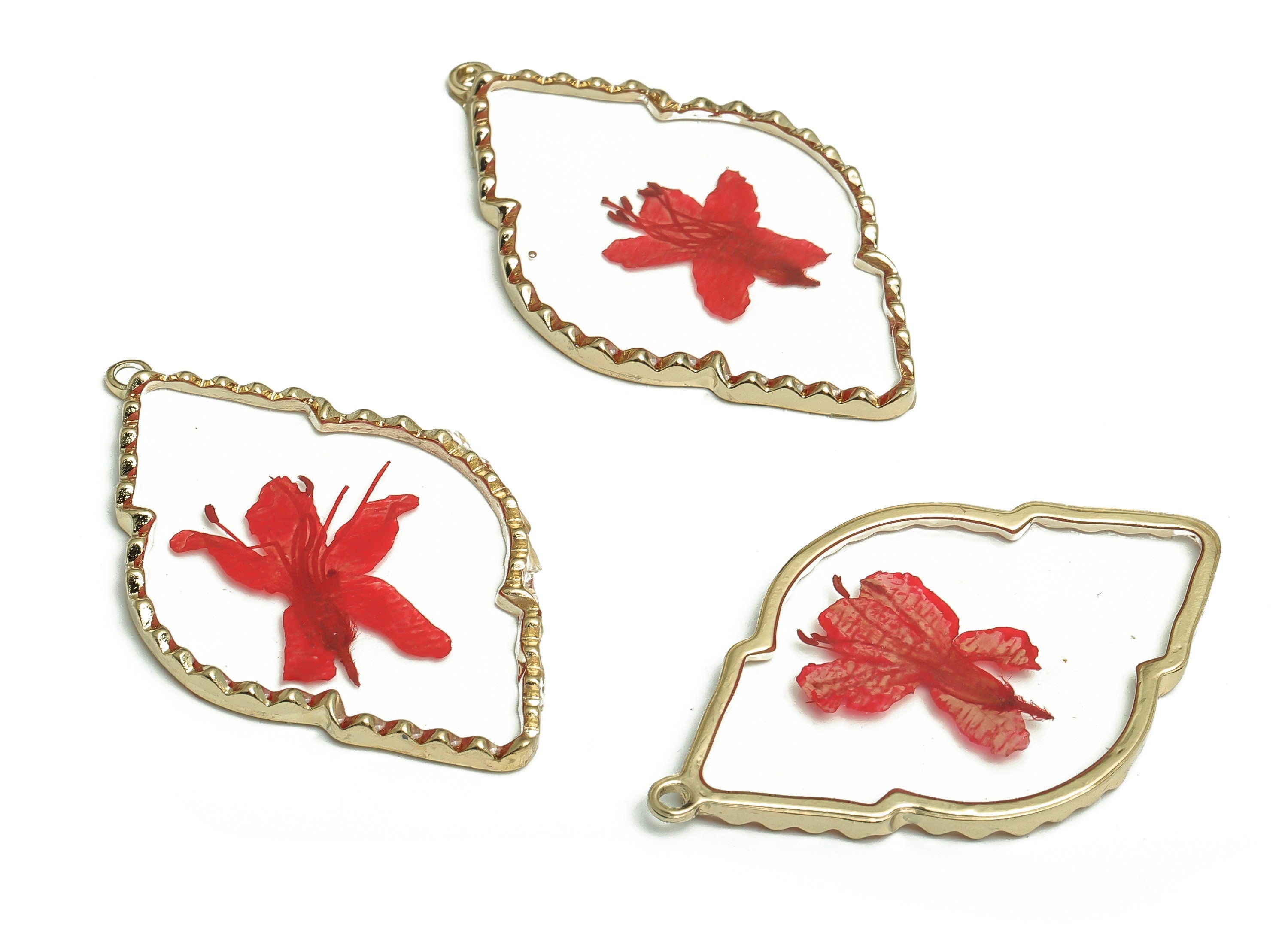 Epoxy Resin Diamond Real Flower Earring Charms - Epoxy Resin Rhododendron Pendant Charm - Gold Tone Plated Alloy -54.59x32.55x3.08mm- ZZ1961 - DOMEDBAZAAR