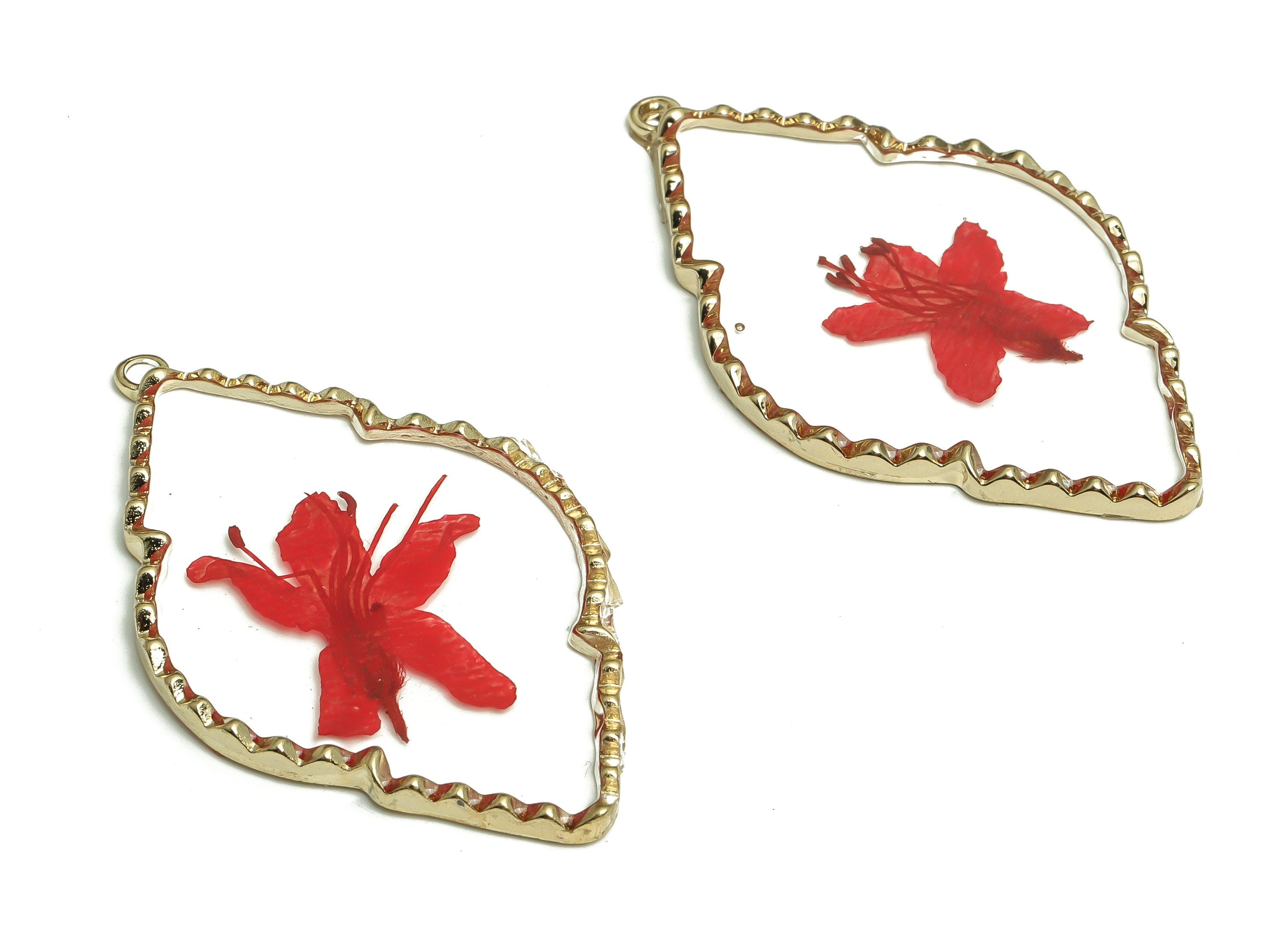 Epoxy Resin Diamond Real Flower Earring Charms - Epoxy Resin Rhododendron Pendant Charm - Gold Tone Plated Alloy -54.59x32.55x3.08mm- ZZ1961 - DOMEDBAZAAR