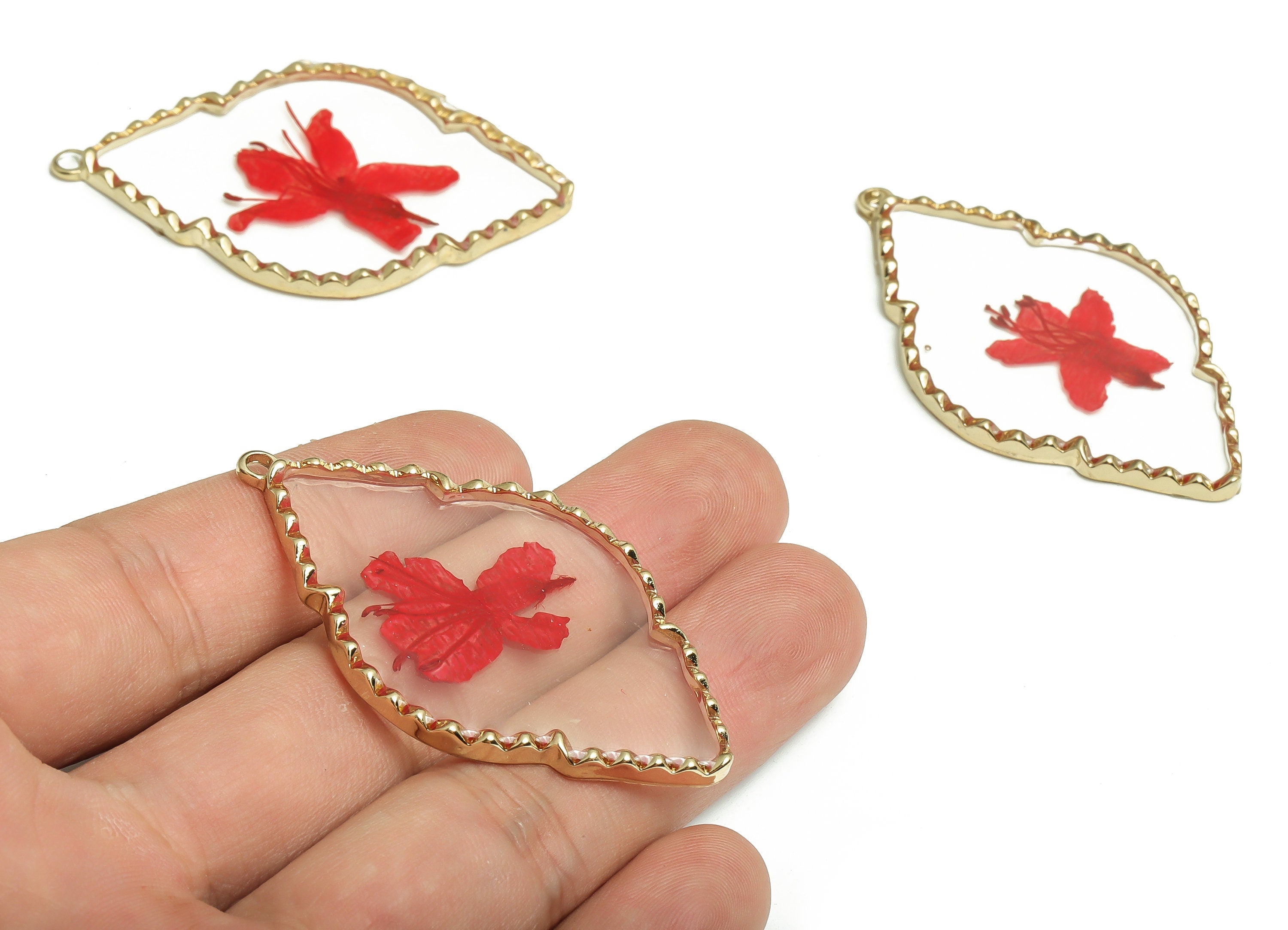 Epoxy Resin Diamond Real Flower Earring Charms - Epoxy Resin Rhododendron Pendant Charm - Gold Tone Plated Alloy -54.59x32.55x3.08mm- ZZ1961 - DOMEDBAZAAR