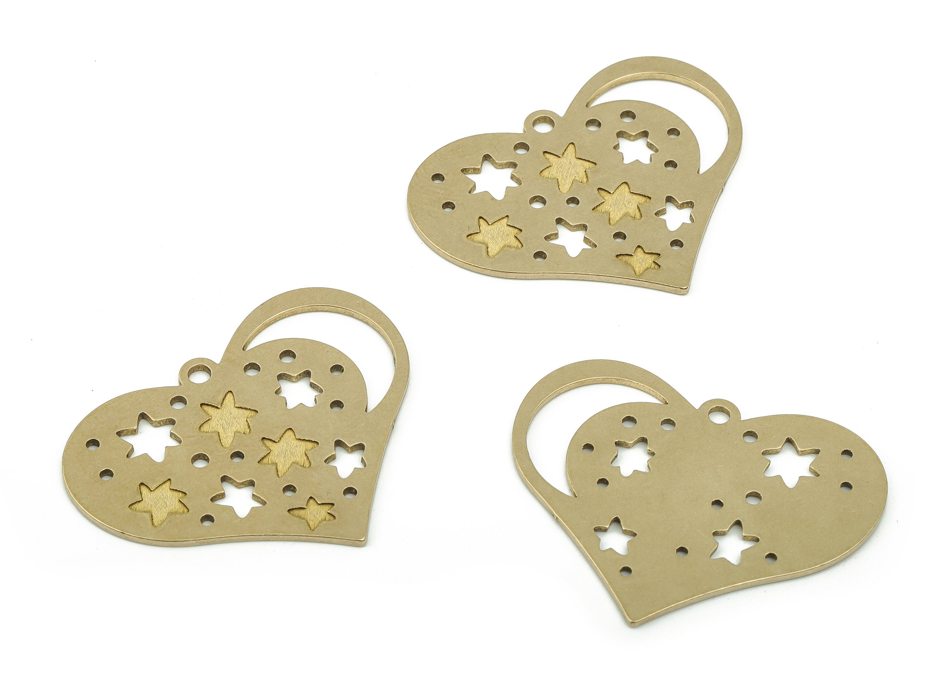 Brass Heart Earring Charms - Raw Brass Moon Star Pendant - Jewelry Making Supplies - 34.85x27.33x0.9mm - PPA3136B - DOMEDBAZAAR