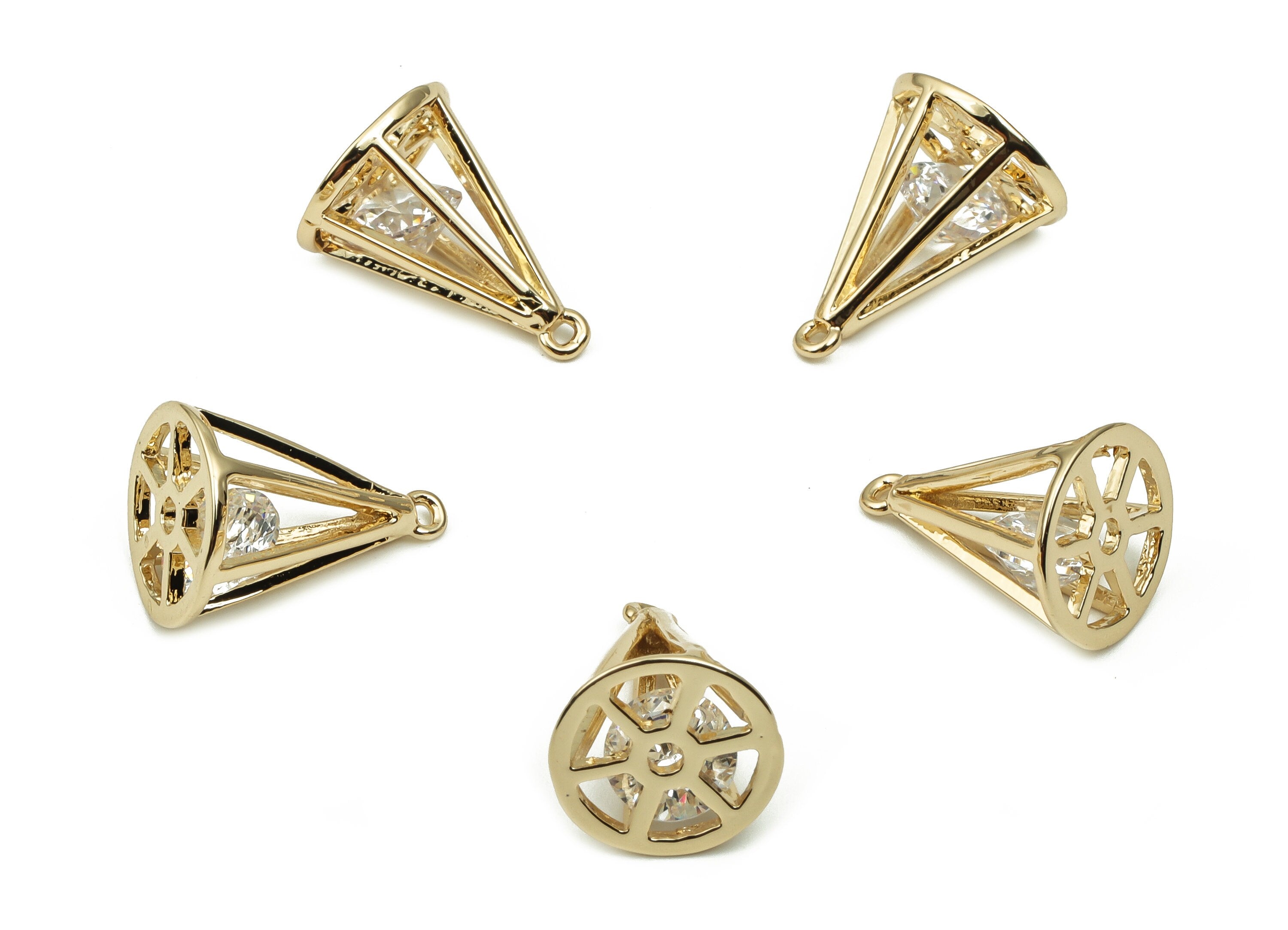 Brass Spike Conical Earring Charms With Zircon - Raw Brass Cone Pendant - KC Gold Tone Plated Brass - 14.07x10.48x10.48mm - PP4853G - DOMEDBAZAAR
