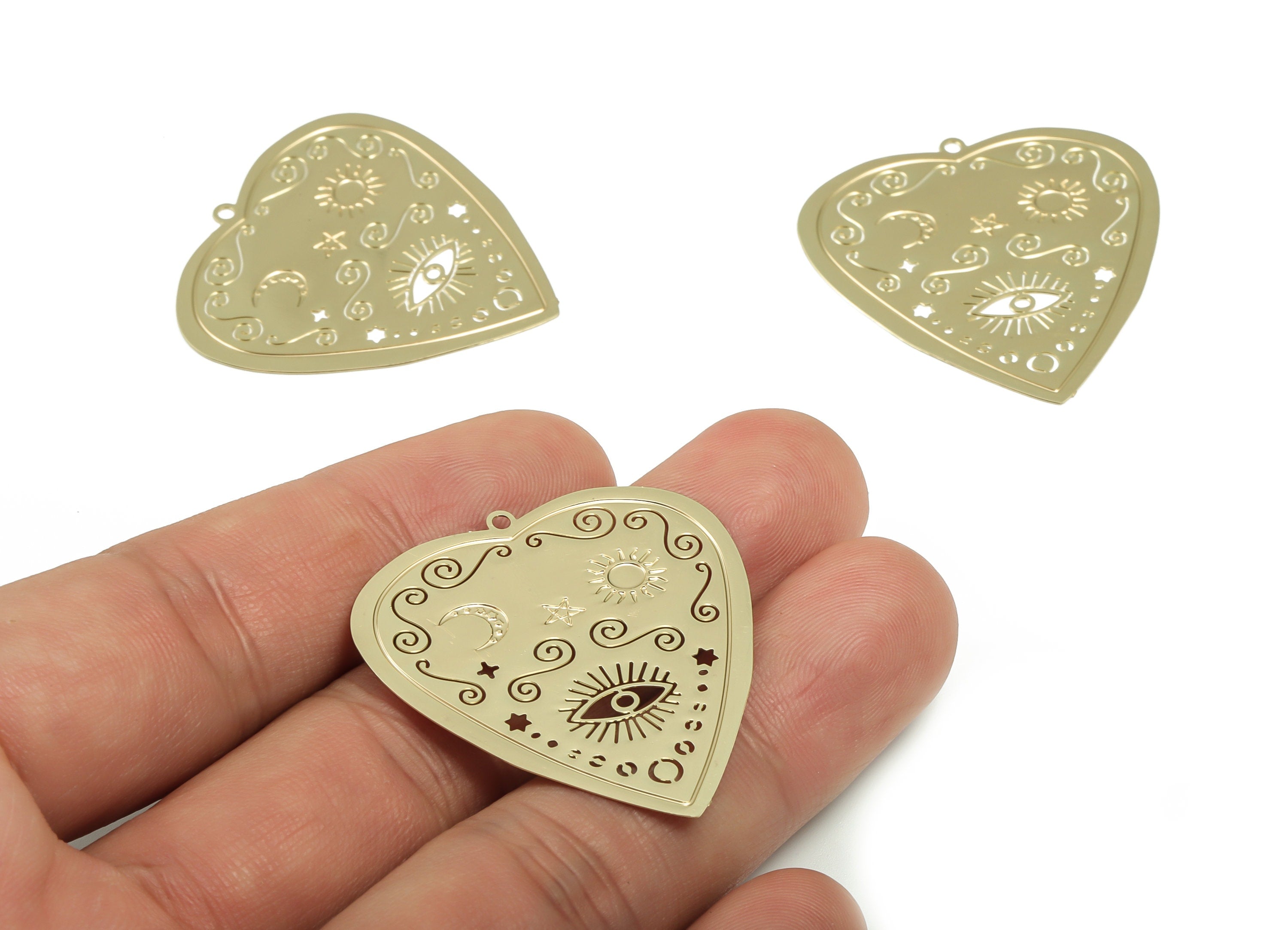 Gold Heart Eye Pendant - Brass Moon Pendant - Sun Earring Charms -Gold Heart Moon Pendant - Star Earrings - 35.7x34.87x0.37mm - JJB6778G - DOMEDBAZAAR