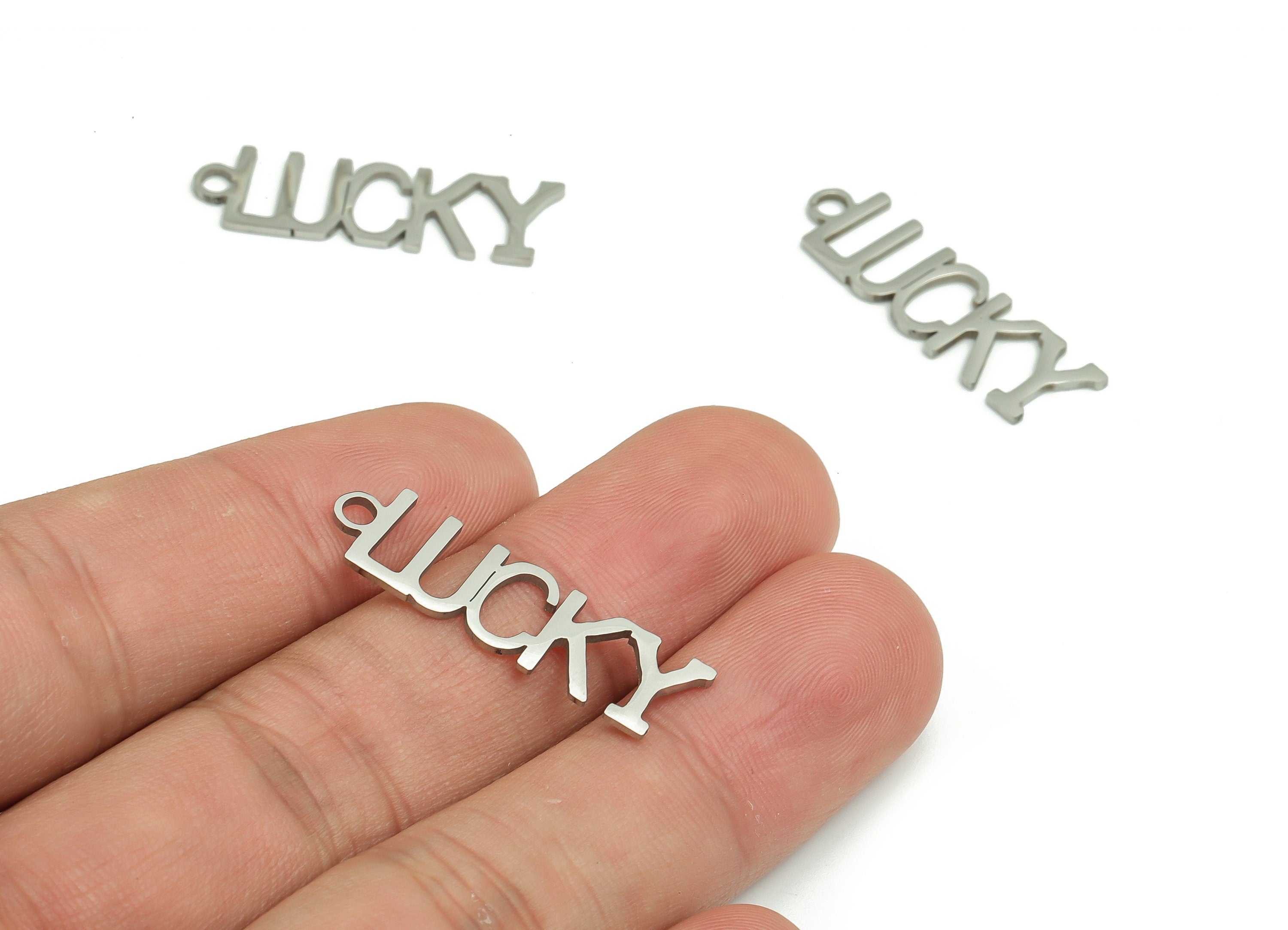Stainless Steel LUCKY Word Earring Charms - Stainless Steel LUCKY Pendant - Jewelry Making Supplies - 29.55x8.83x1mm - SS1250 - DOMEDBAZAAR