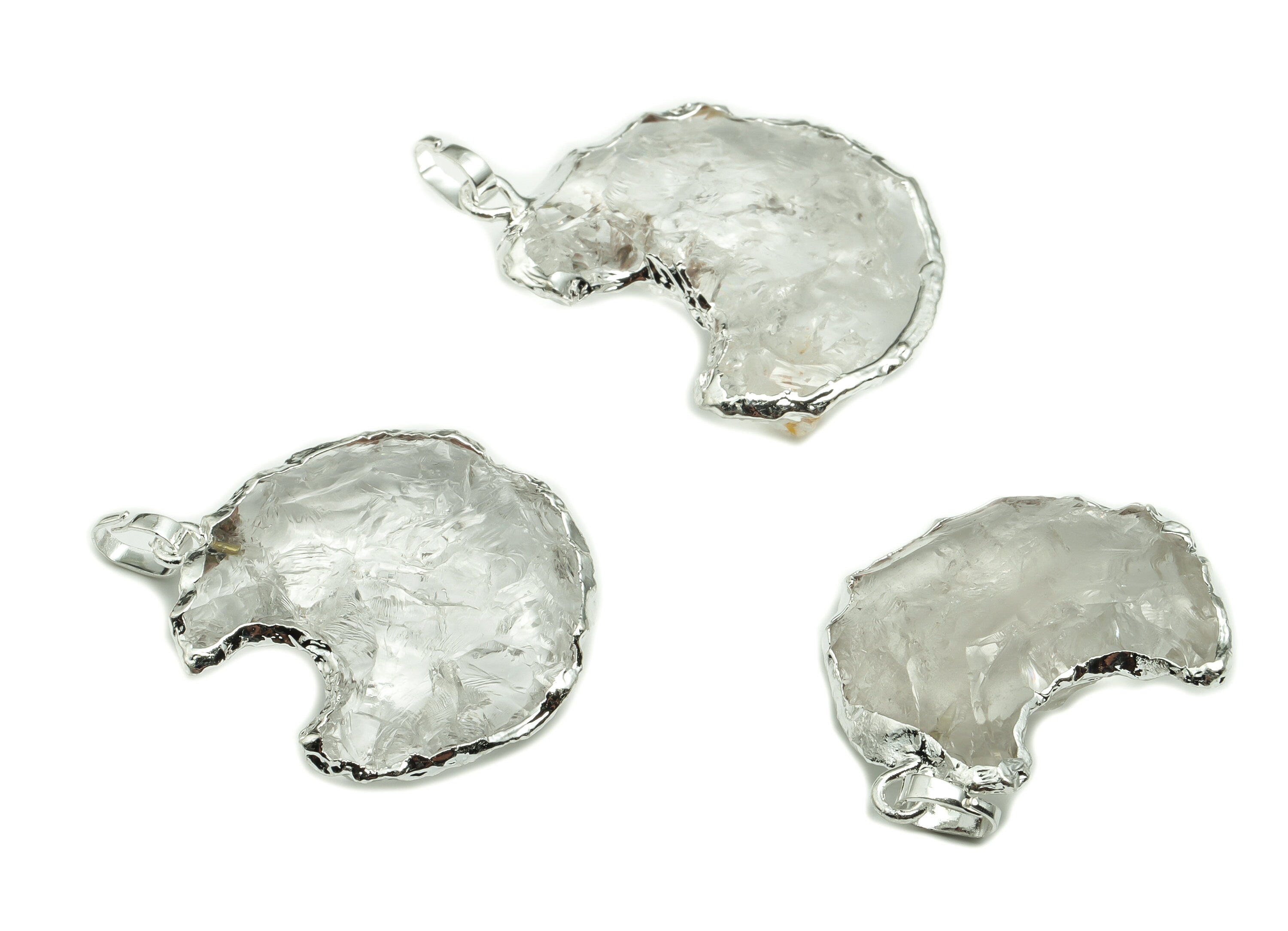 Clear Quartz Crescent Earring Charms – Brass Moon Pendant – Natural Stone - Average size – Silver Tone Plating - 29.23x26.23x6.4mm - NS1461 - DOMEDBAZAAR