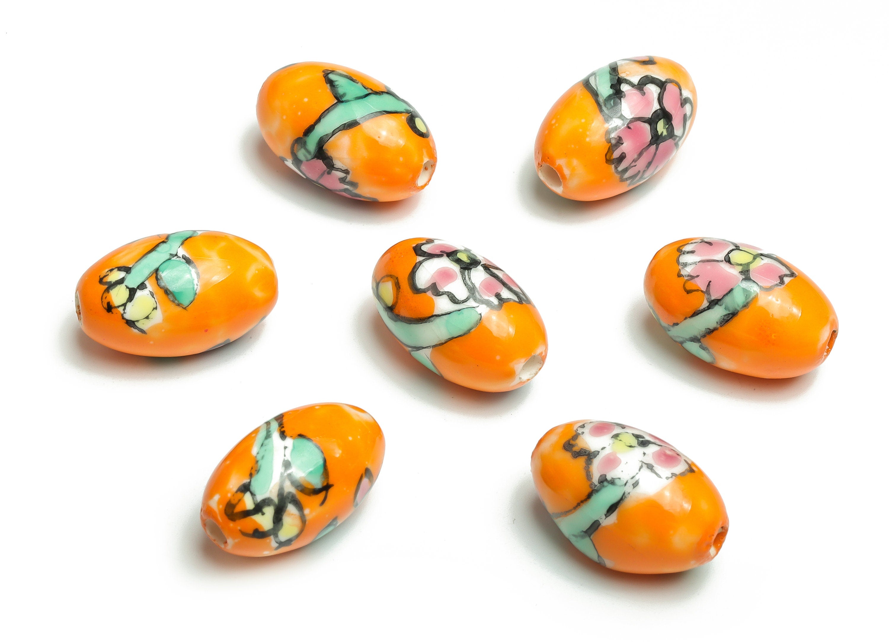 Glazed Ceramic Oval Beads - Carved Flower Beads - Handmade Beads - Necklace Beads - Connectors Beads - 20.11x12.19x12.19mm - NS1434 - DOMEDBAZAAR