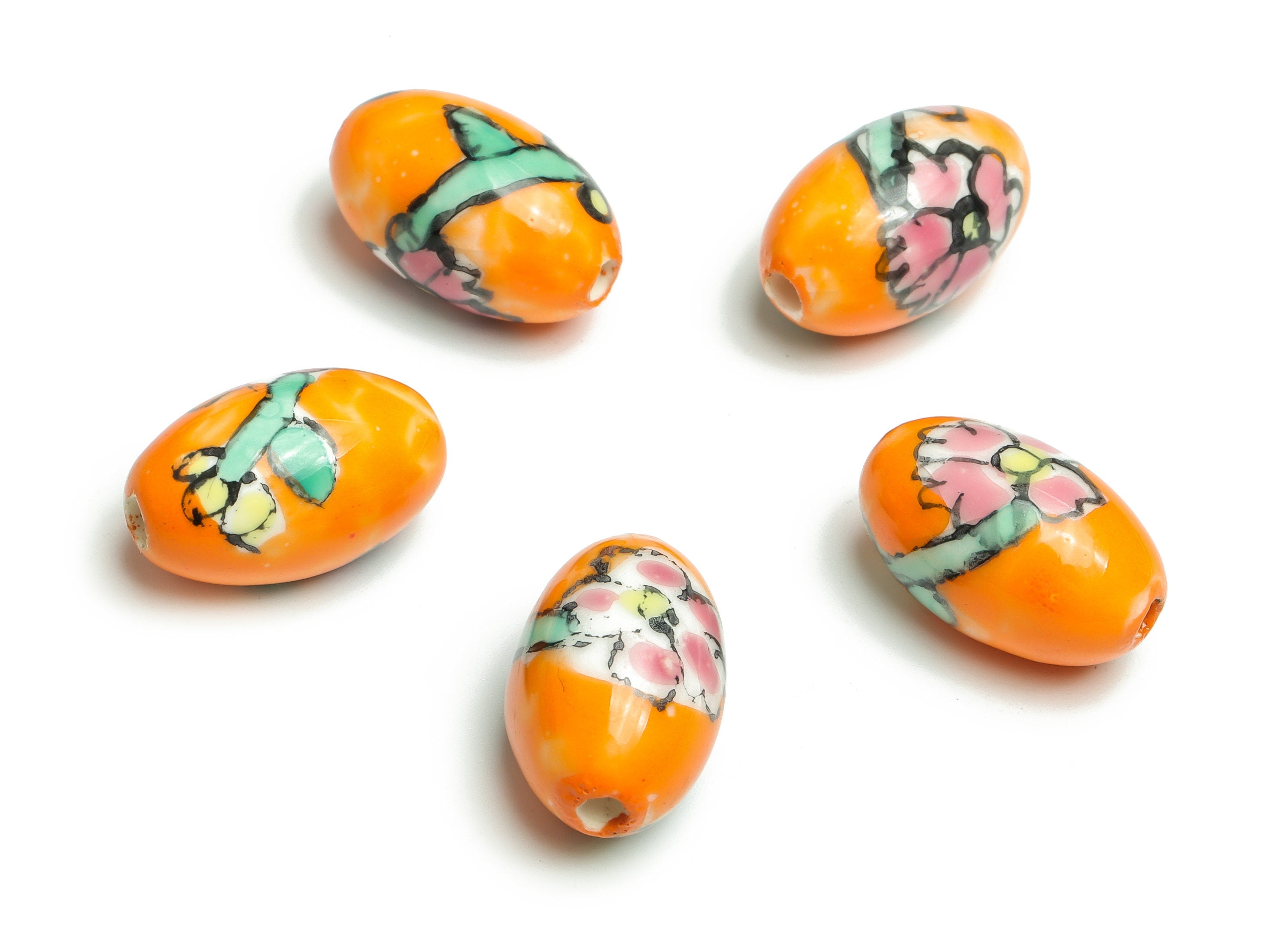 Glazed Ceramic Oval Beads - Carved Flower Beads - Handmade Beads - Necklace Beads - Connectors Beads - 20.11x12.19x12.19mm - NS1434 - DOMEDBAZAAR