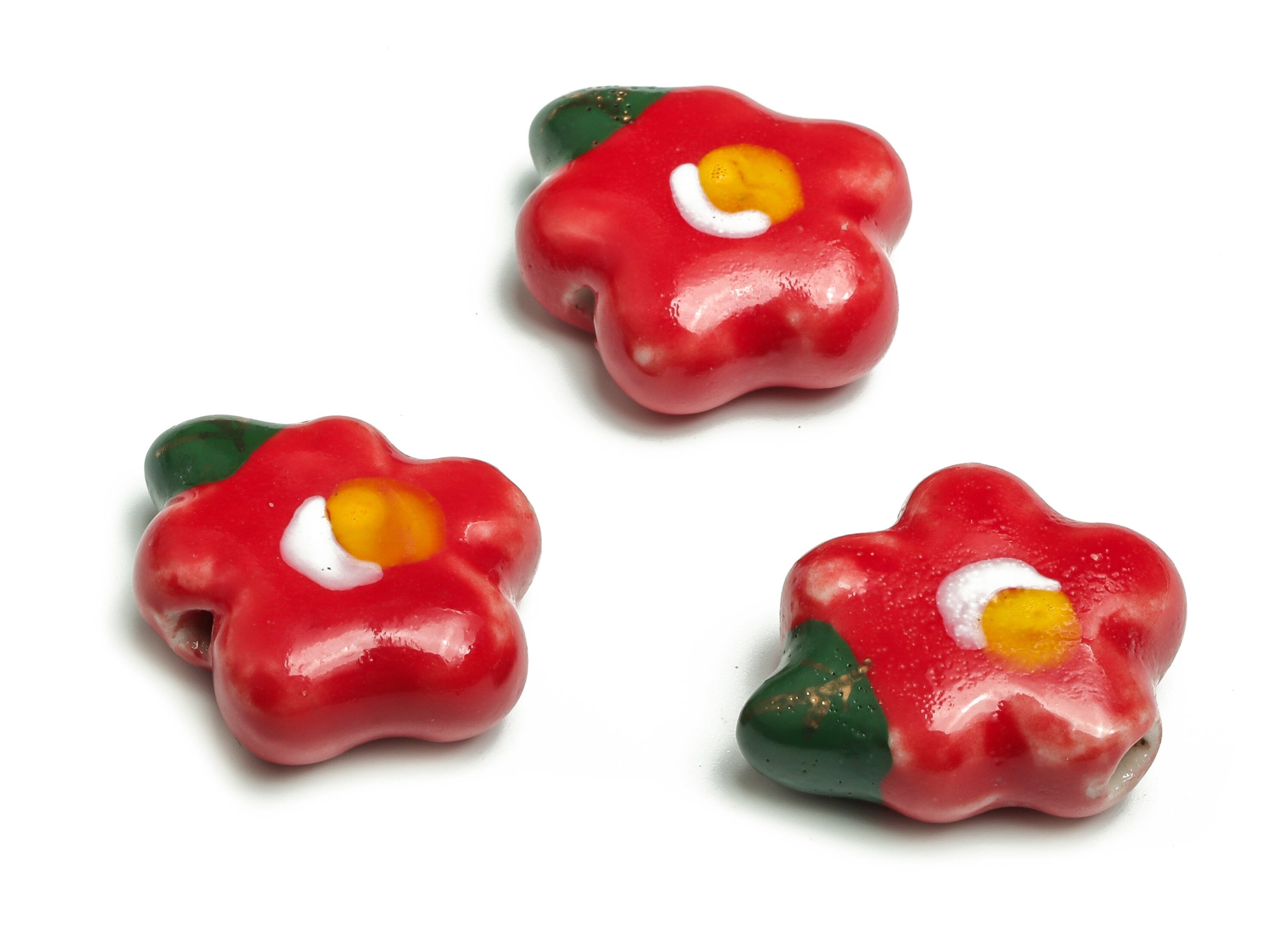 Glazed Ceramic Flower Beads - Carved Flower Beads - Handmade Beads - Necklace Beads - Connectors Beads - 21.19x17.75x7.48mm - NS1429 - DOMEDBAZAAR