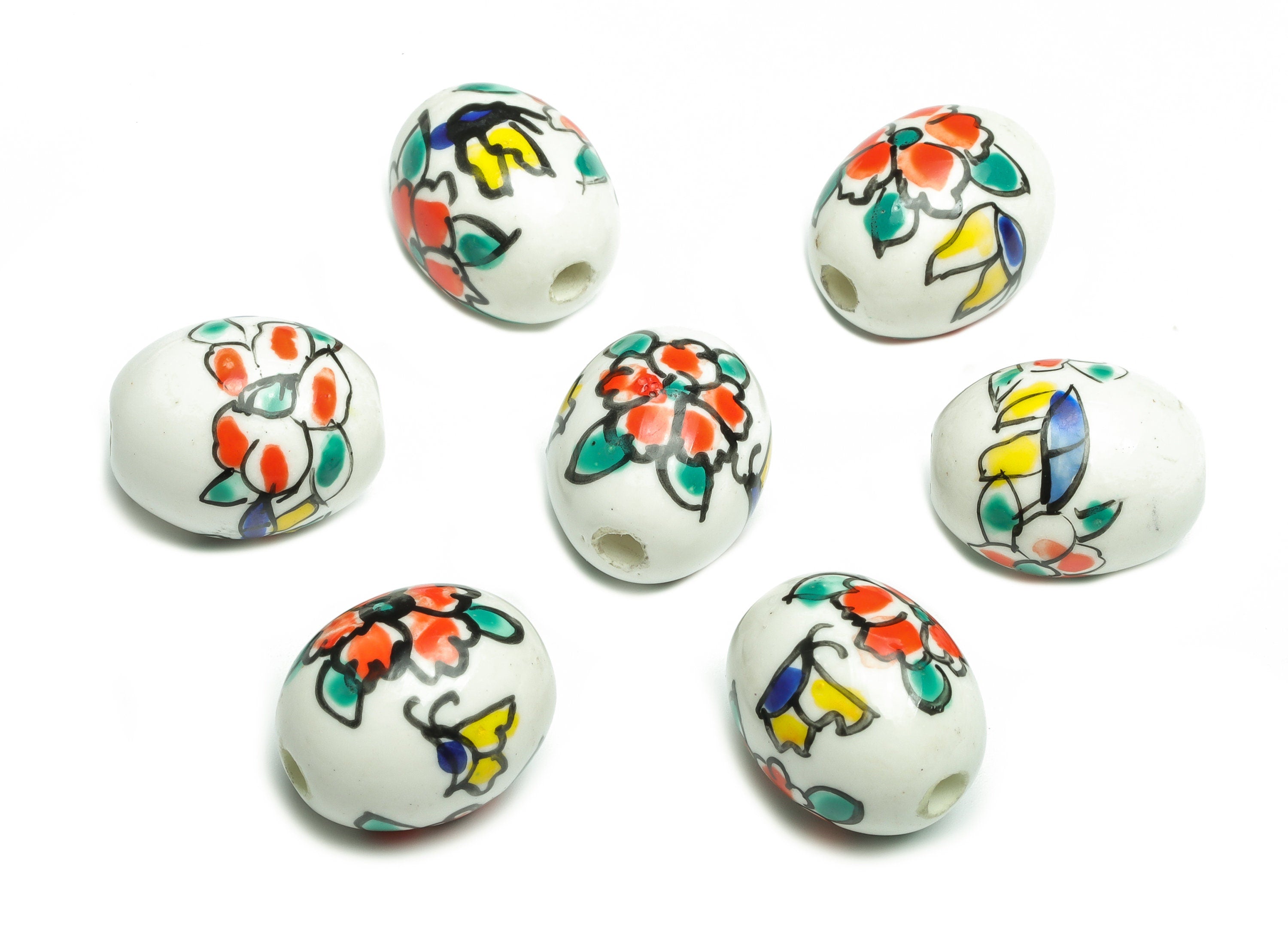 Glazed Ceramic Oval Beads - Carved Flower Beads - Handmade Beads - Necklace Beads - Connectors Beads - 17.02x14.45x14.45mm - NS1433 - DOMEDBAZAAR
