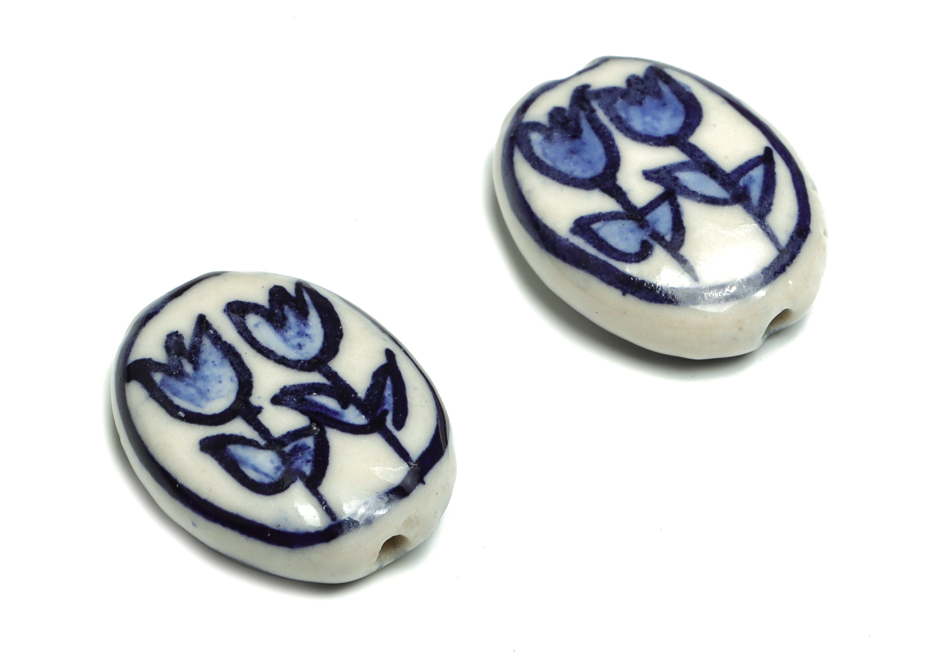 Glazed Ceramic Oval Beads - Carved Flower Beads - Handmade Beads - Necklace Beads - Connectors Beads - 20.15x15.79x6.05mm - NS1442 - DOMEDBAZAAR