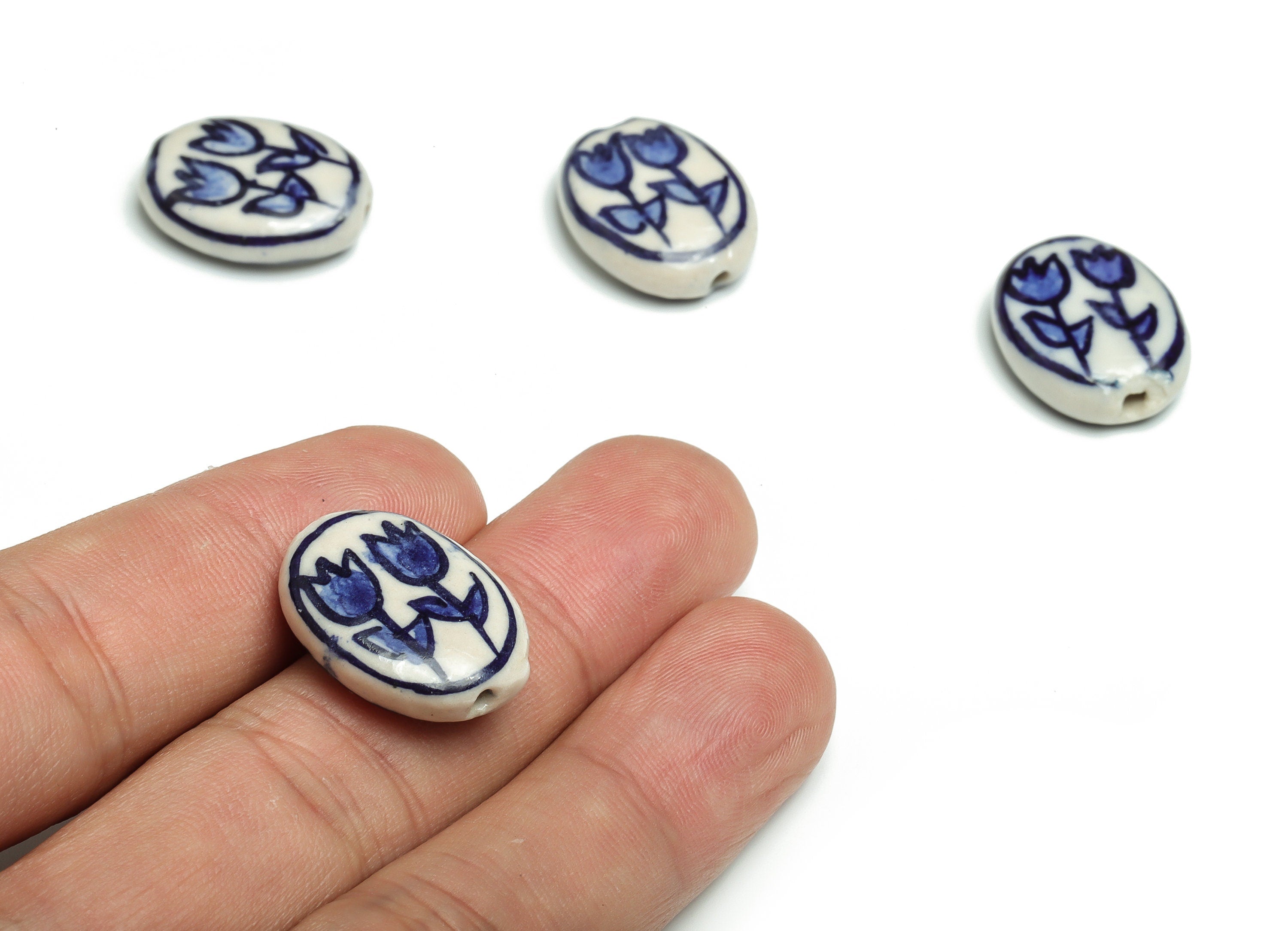 Glazed Ceramic Oval Beads - Carved Flower Beads - Handmade Beads - Necklace Beads - Connectors Beads - 20.15x15.79x6.05mm - NS1442 - DOMEDBAZAAR
